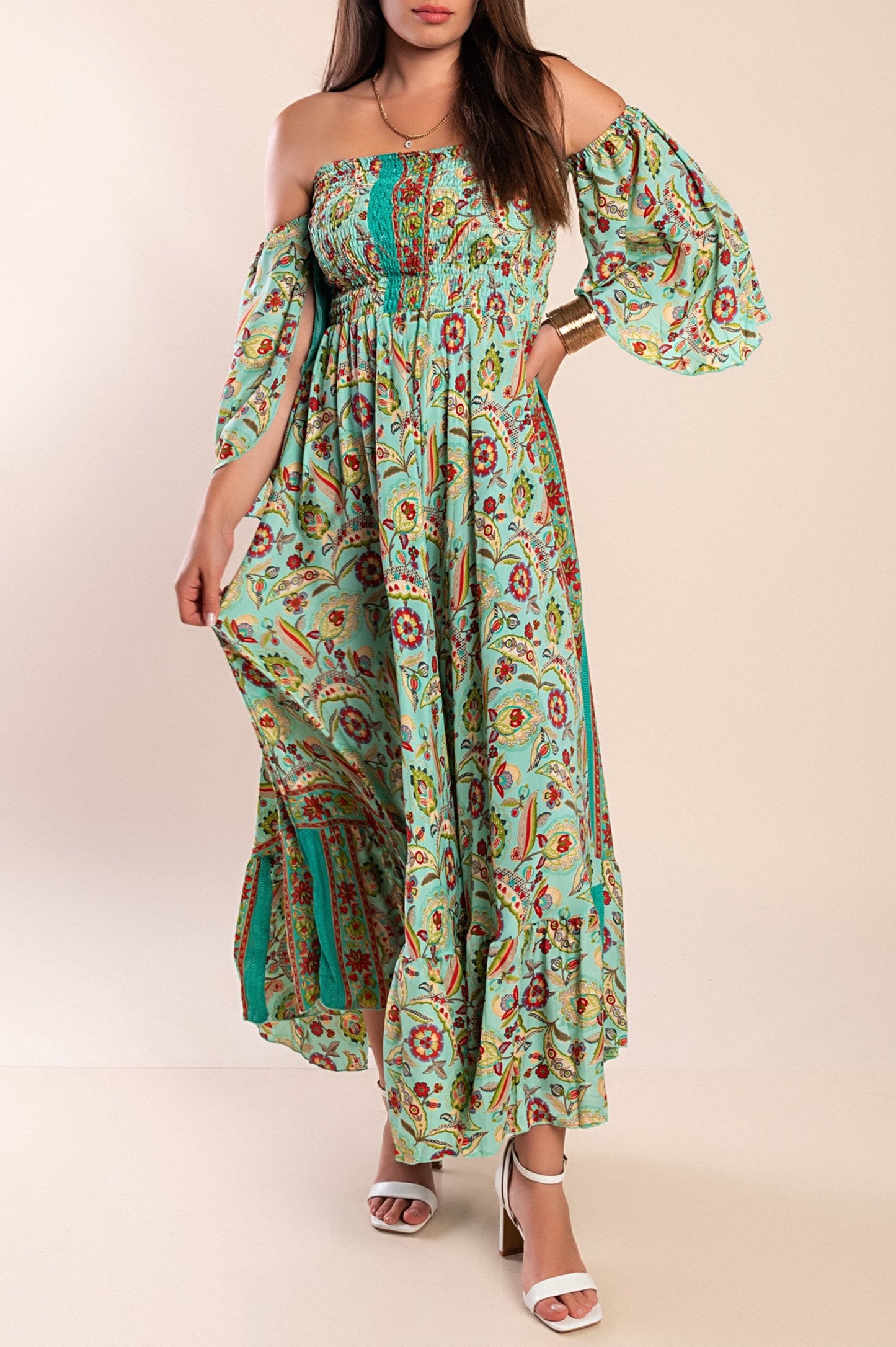 Abito maxi con stampa, multicolore