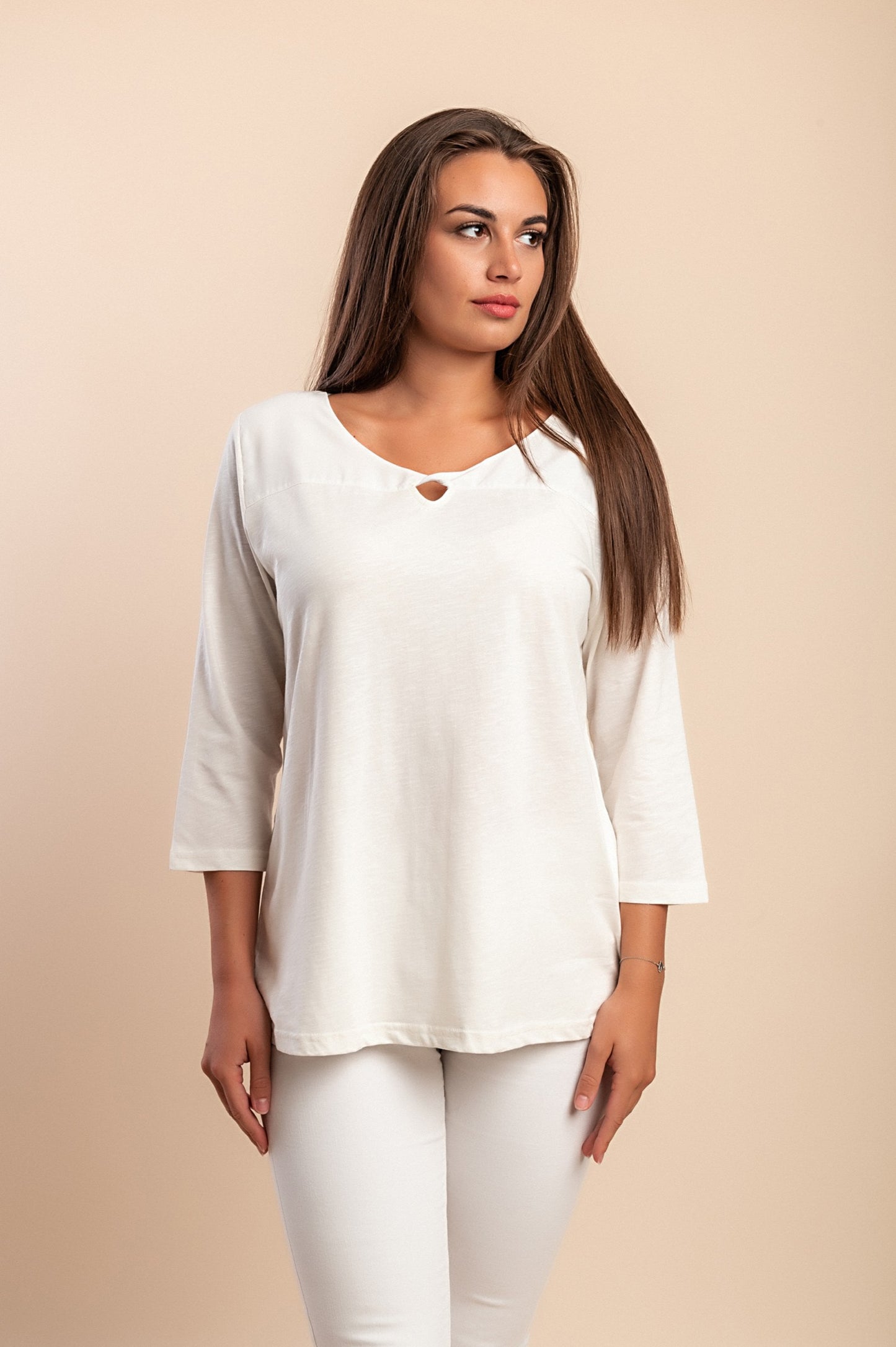Top in cotone taglie forti con maniche a 3/4, bianco
