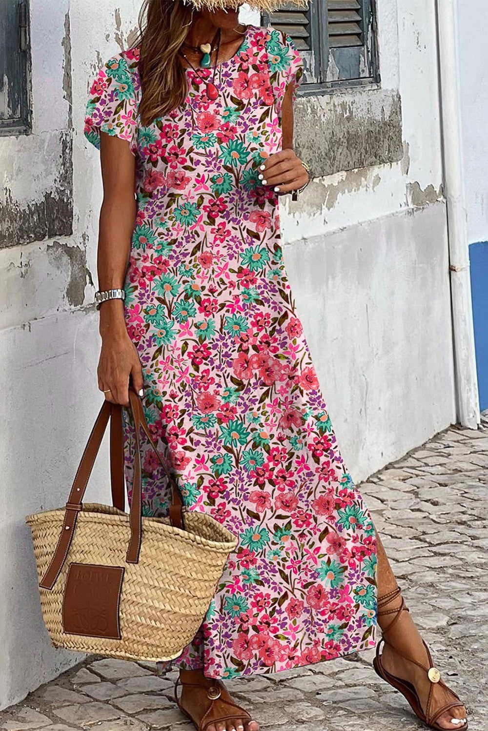 Maxi abito con stampa floreale, rosa