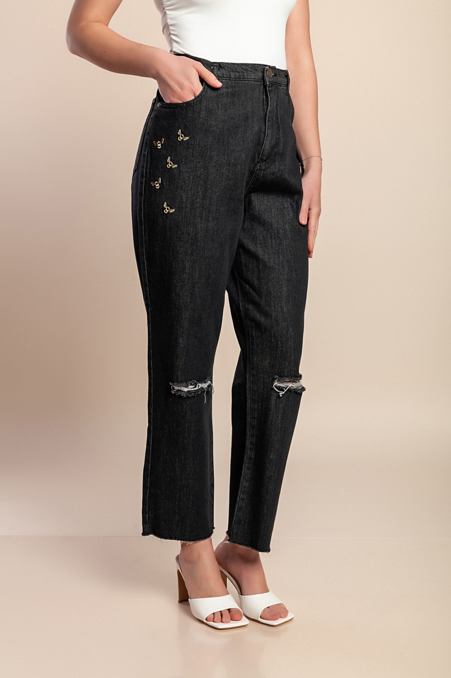 Jeans 7/8 con spacchi, neri
