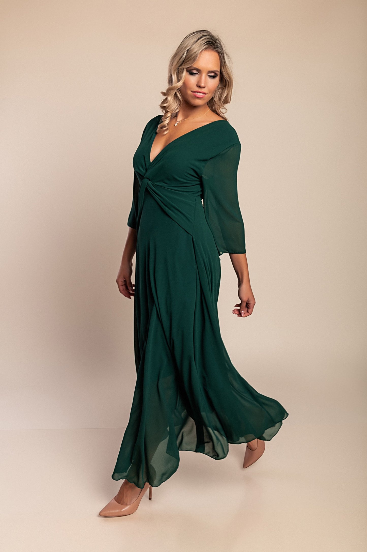 Abito lungo con scollo a V, verde scuro