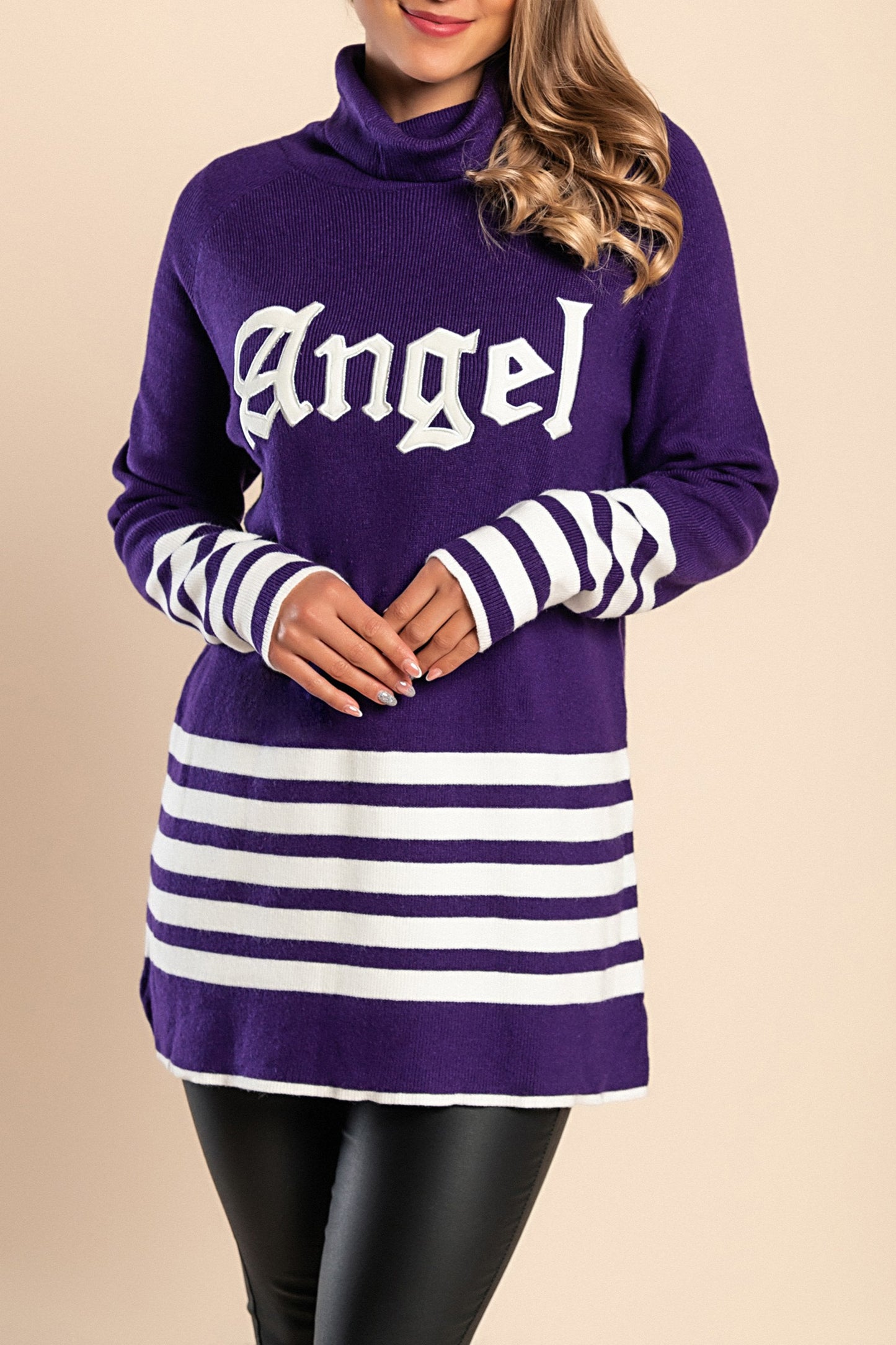 Maglia lunga a righe con motivo a righe, viola