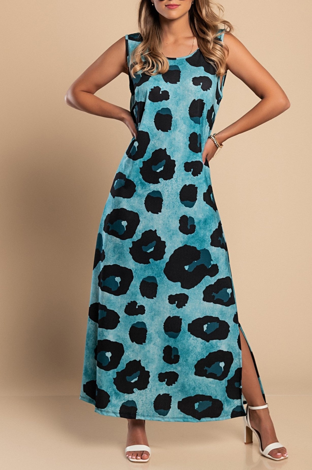 Abito lungo con stampa leopardata, blu