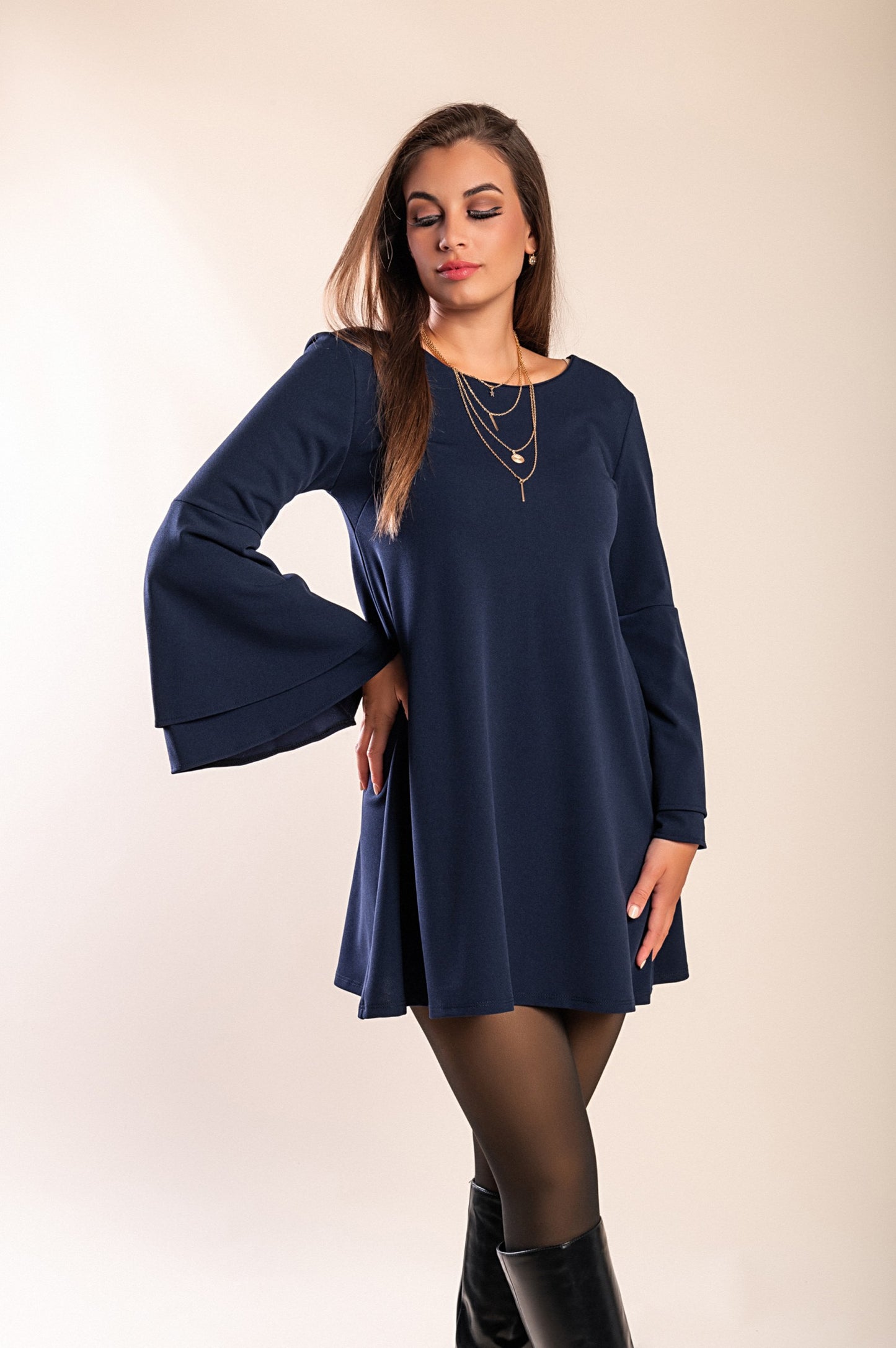 Vestito mini con maniche a campana Rania, senape