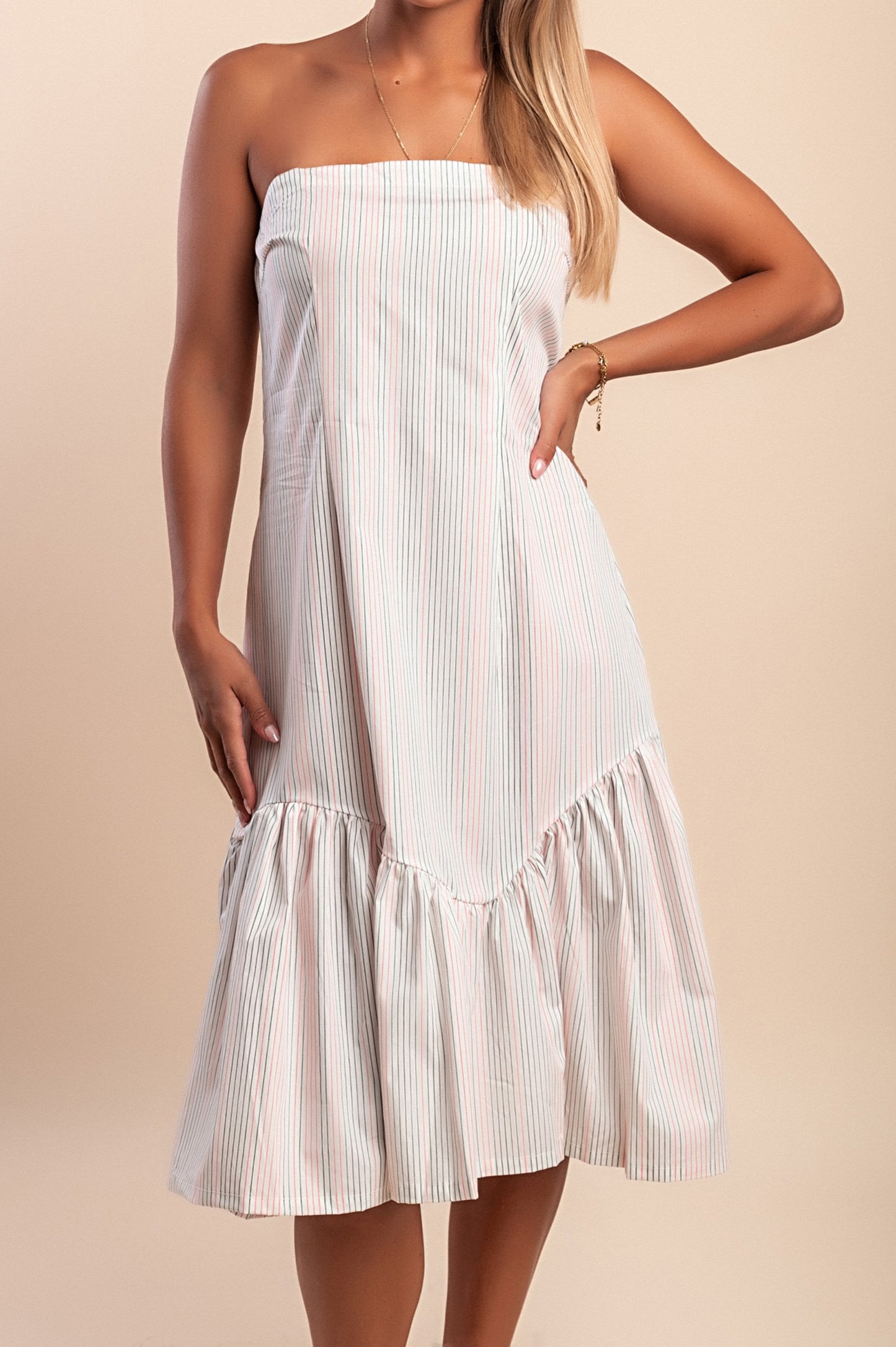 Abito midi in cotone con stampa a righe, bianco