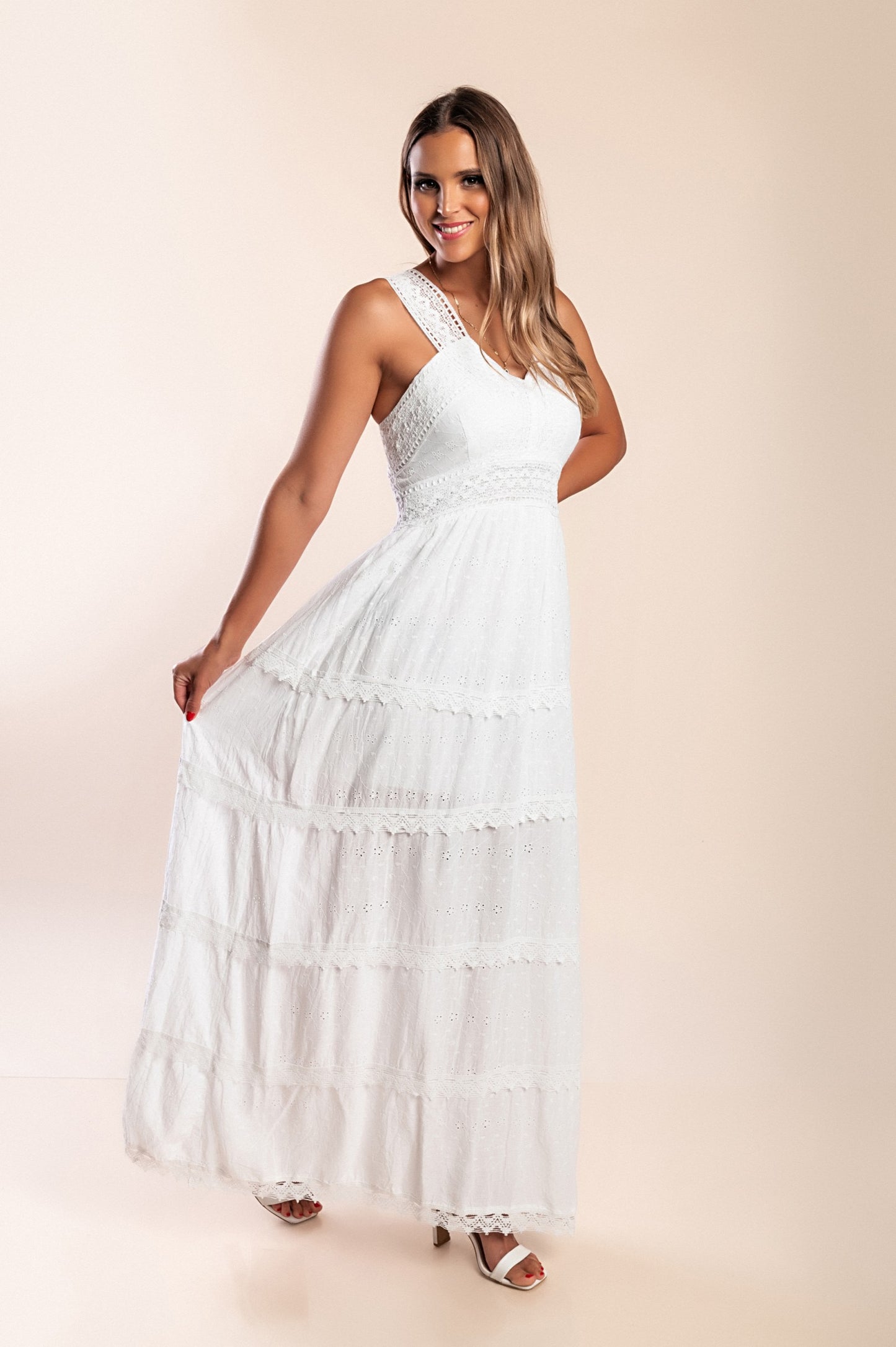 Abito lungo in cotone con pizzo, bianco