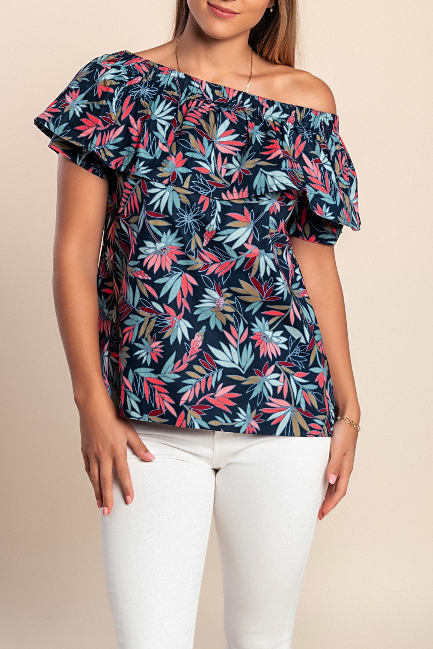 Camicetta in cotone con volant, blu scuro