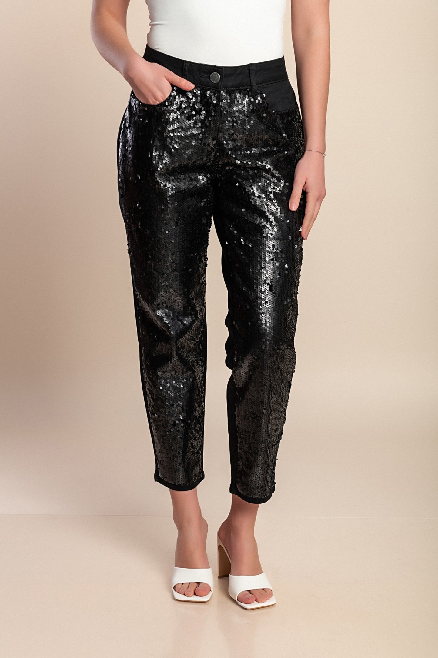 Pantaloni taglie forti 7/8 con paillettes, neri