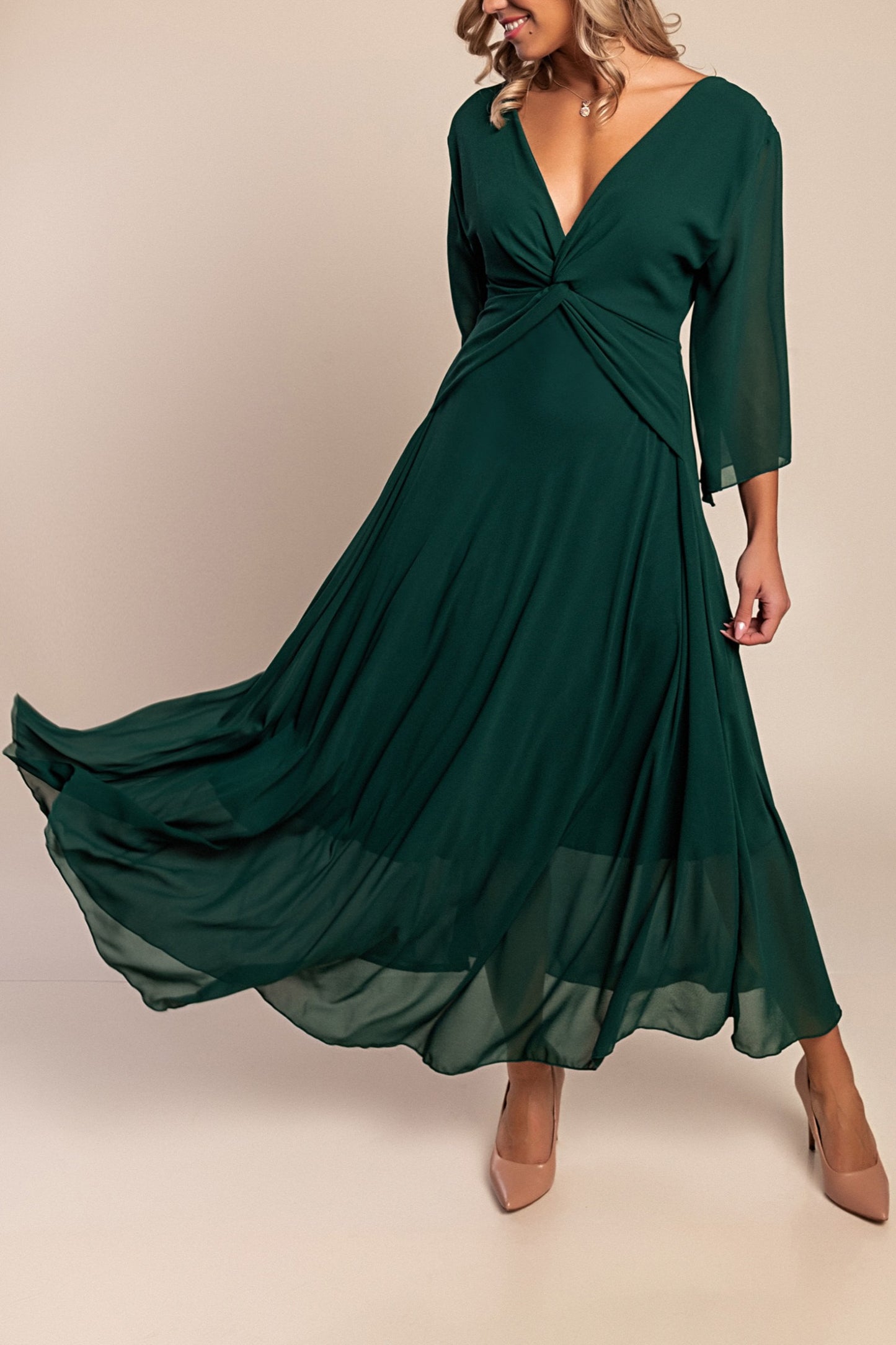 Abito lungo con scollo a V, verde scuro