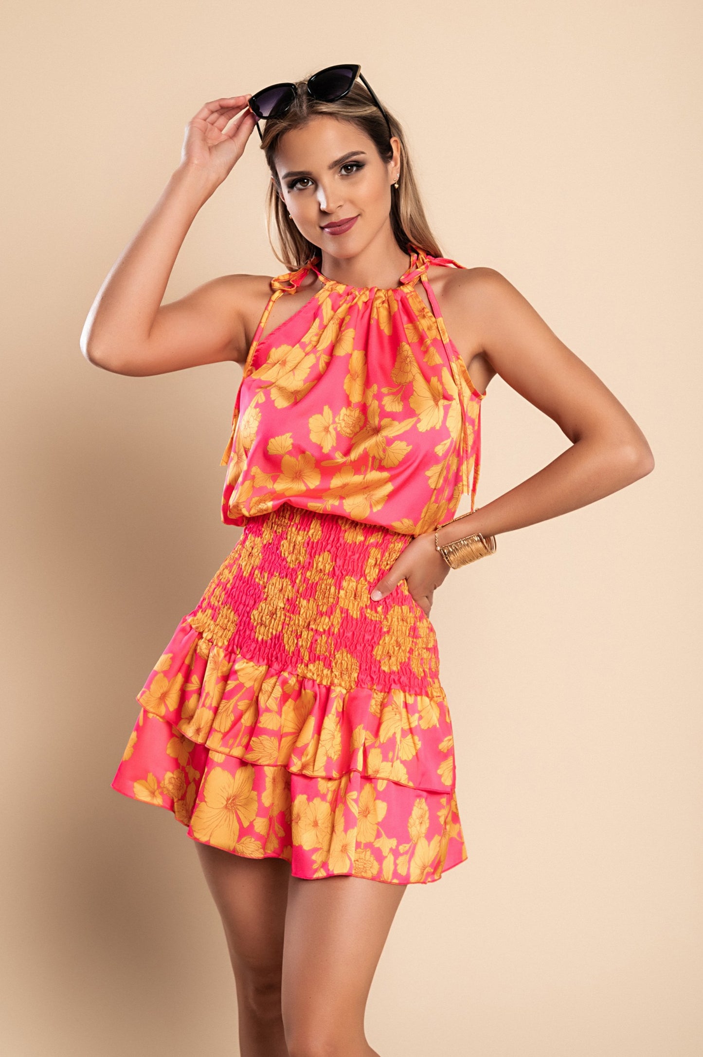 Mini abito elegante con stampa Torsa, fucsia