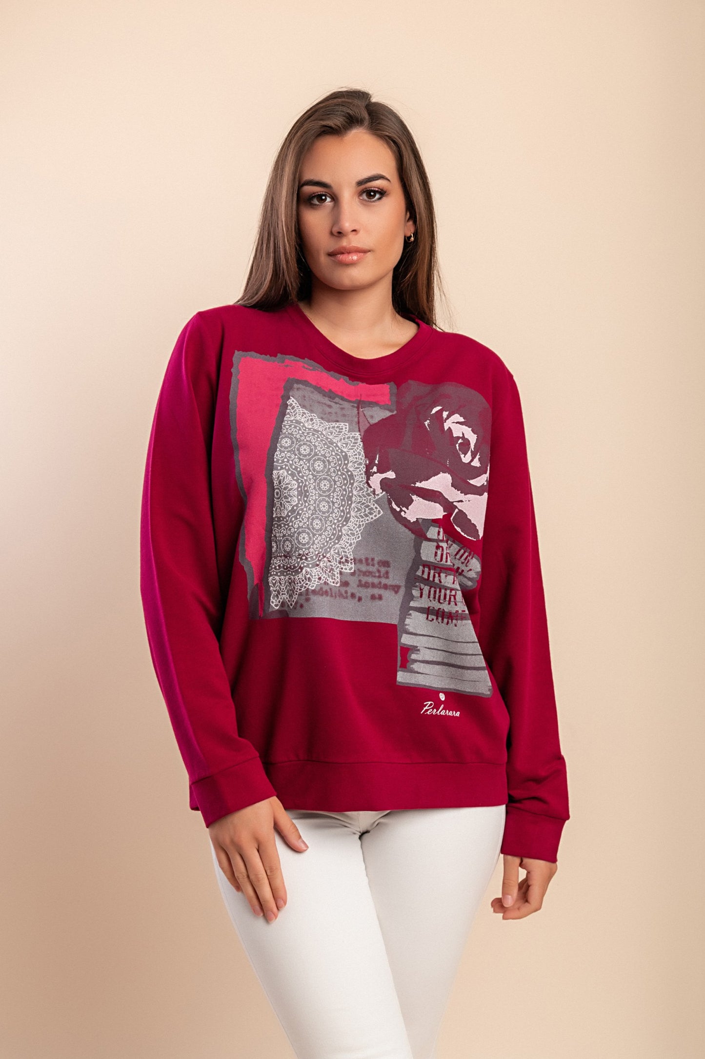 T-shirt a maniche lunghe con stampa, fucsia