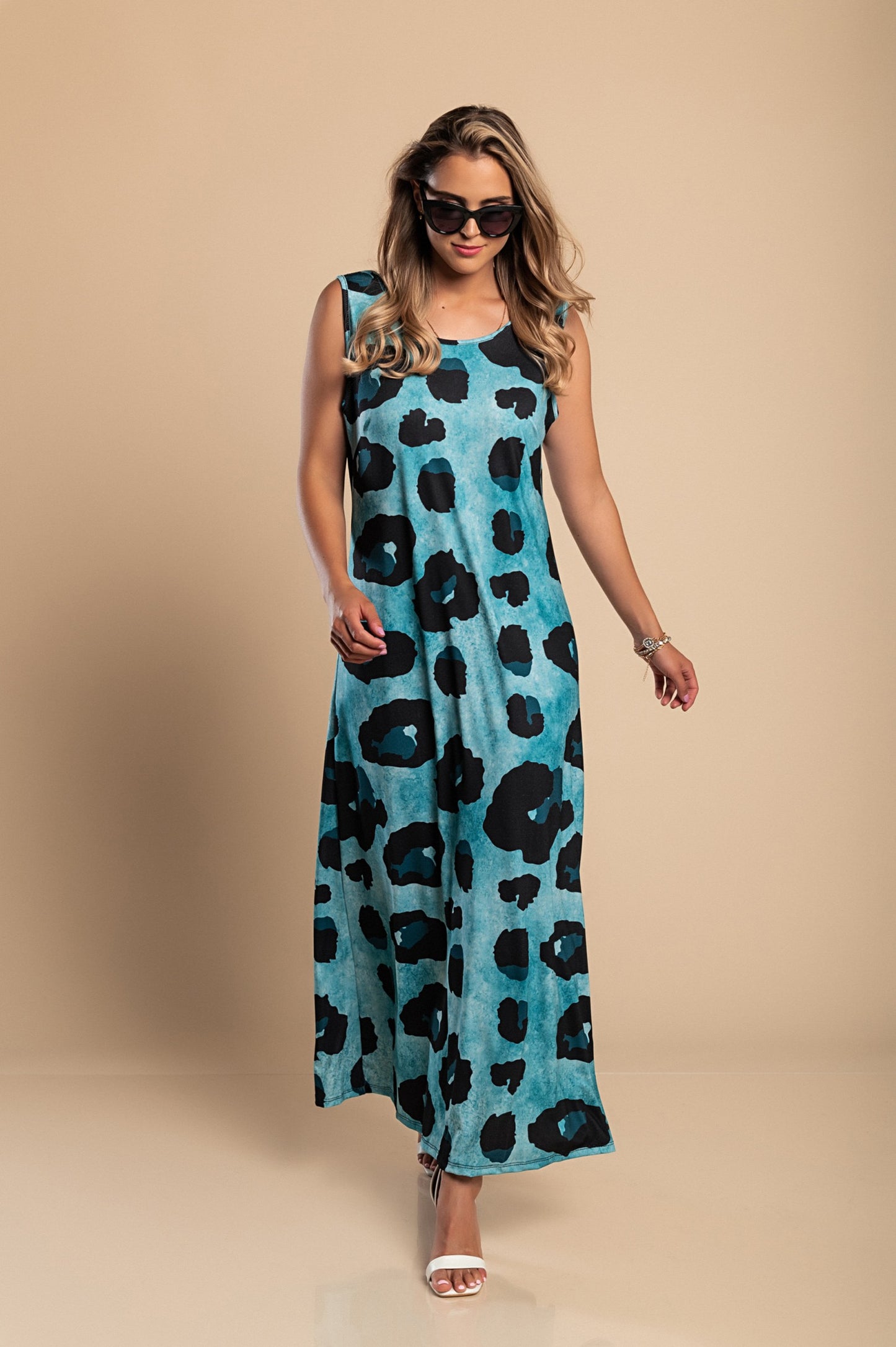 Abito lungo con stampa leopardata, blu
