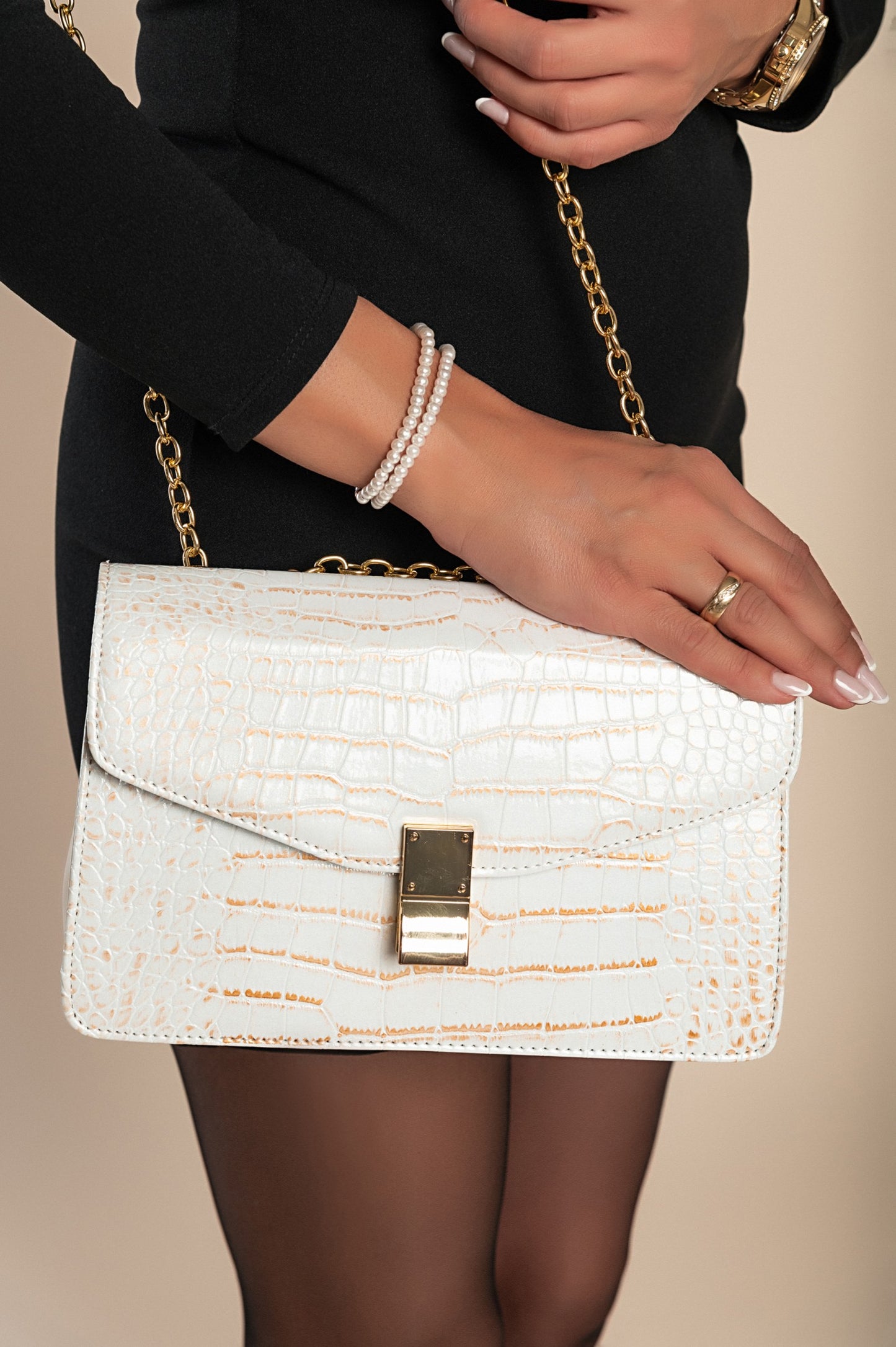 Borsa a mano stampa coccodrillo, bianco-oro