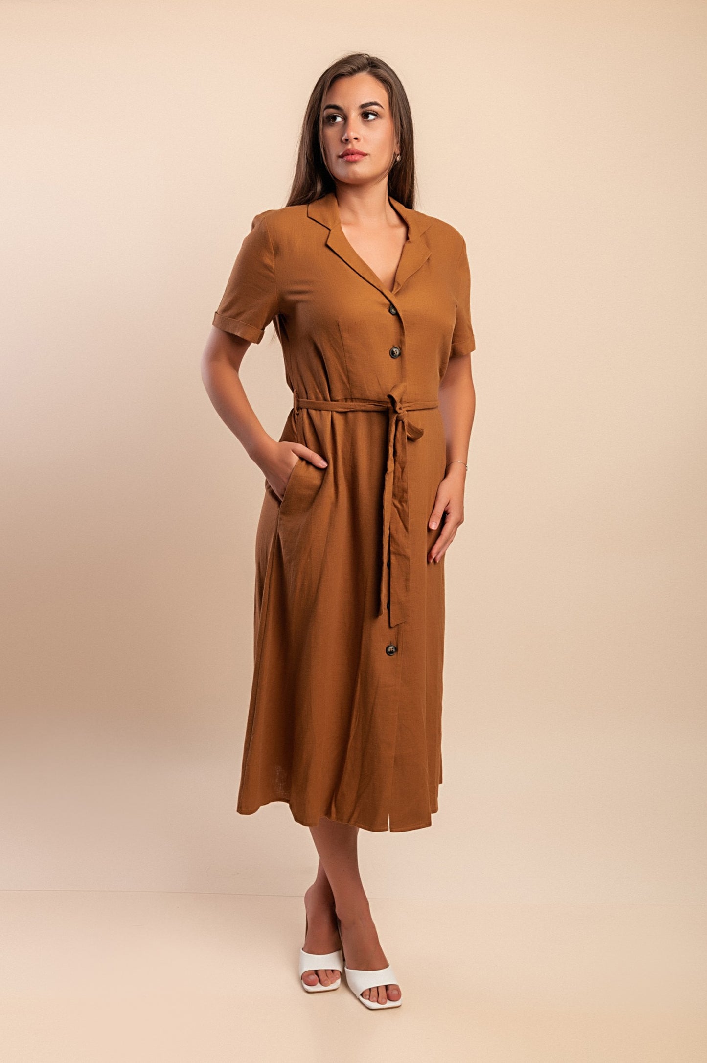 Abito midi con cintura, marrone