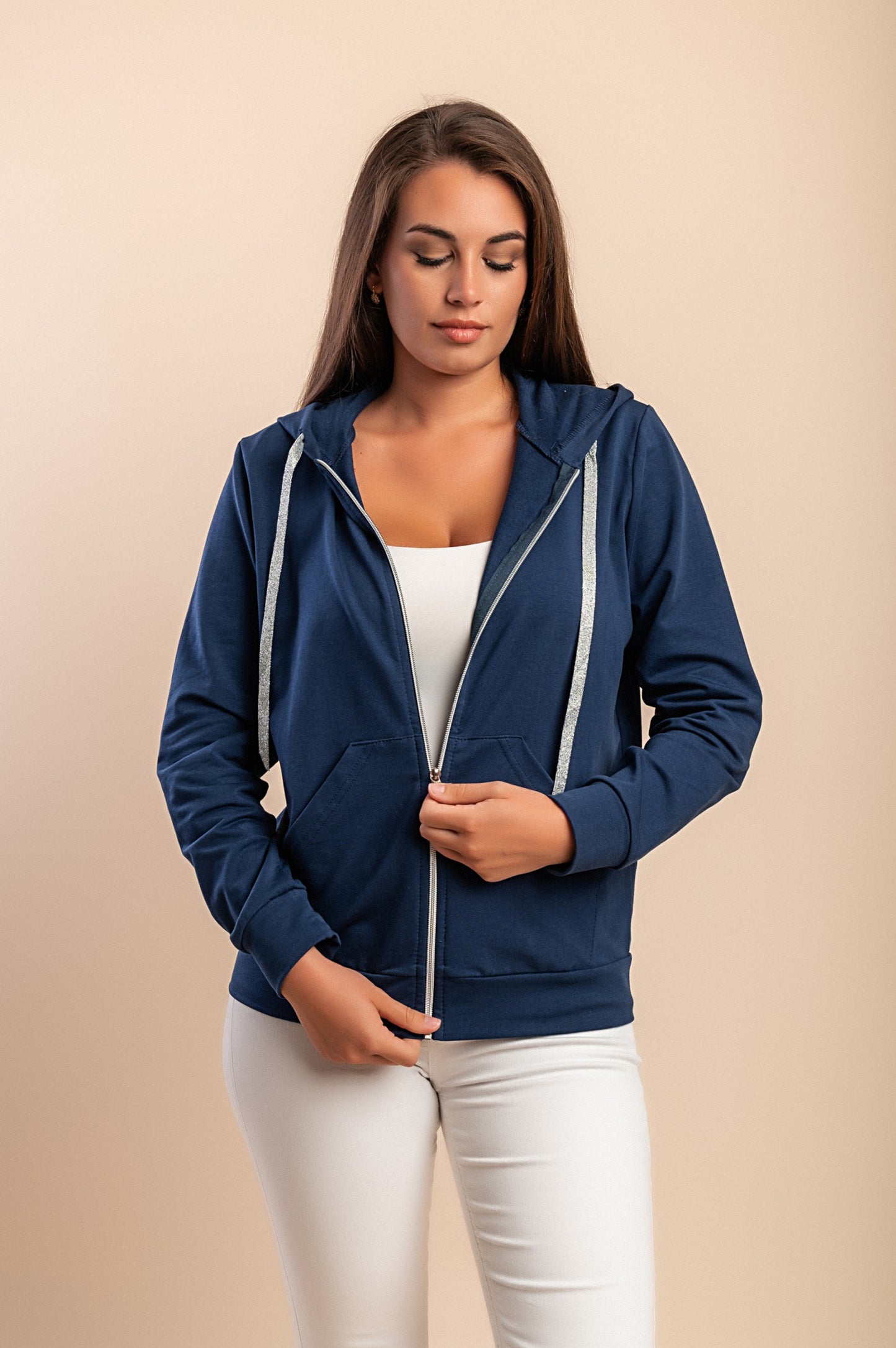 Felpa con zip in cotone, blu scuro