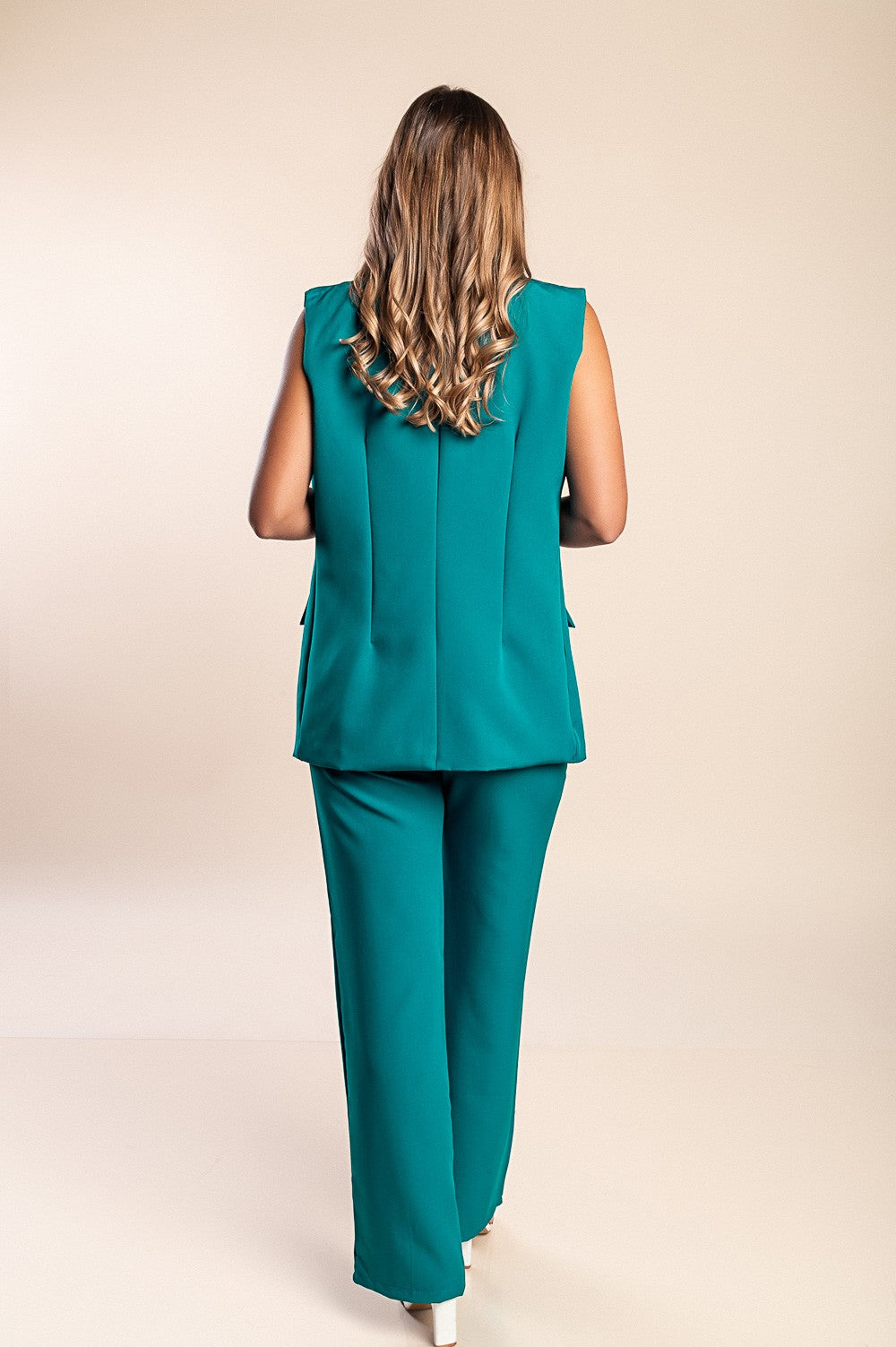 Elegante completo giacca senza maniche e pantaloni, blu