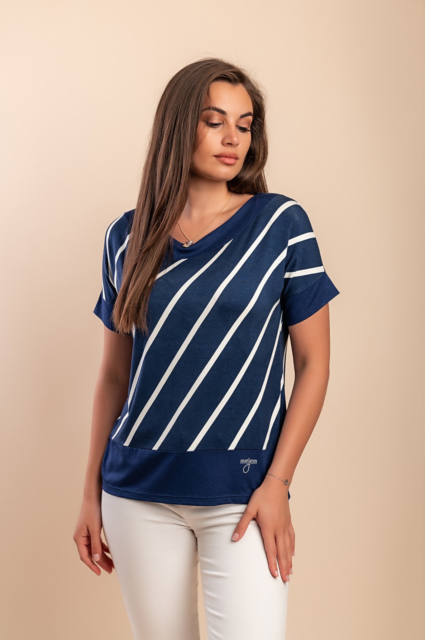 T-shirt in viscosa con stampa a righe, blu scuro