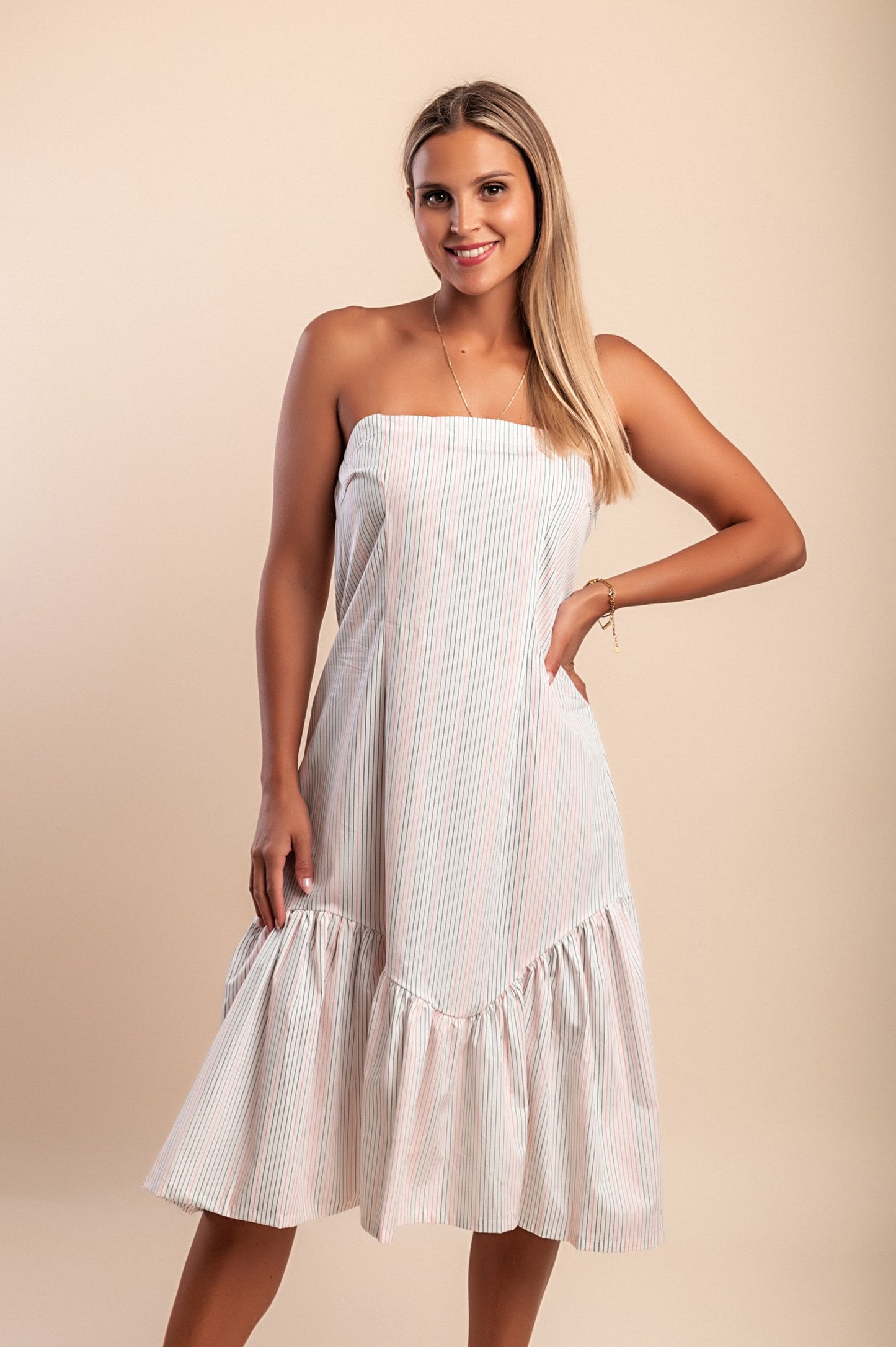 Abito midi in cotone con stampa a righe, bianco