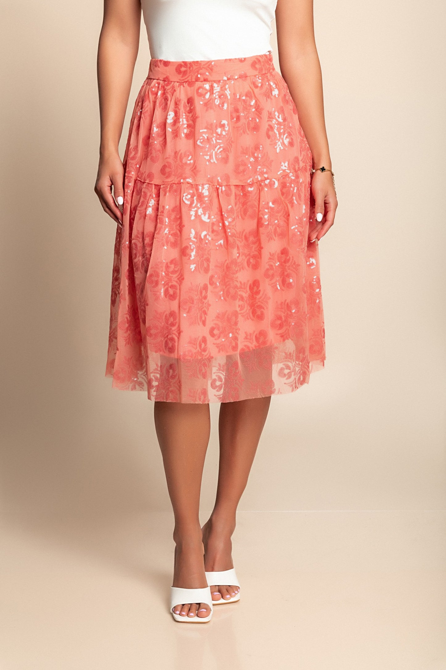 Gonna midi con stampa floreale, corallo
