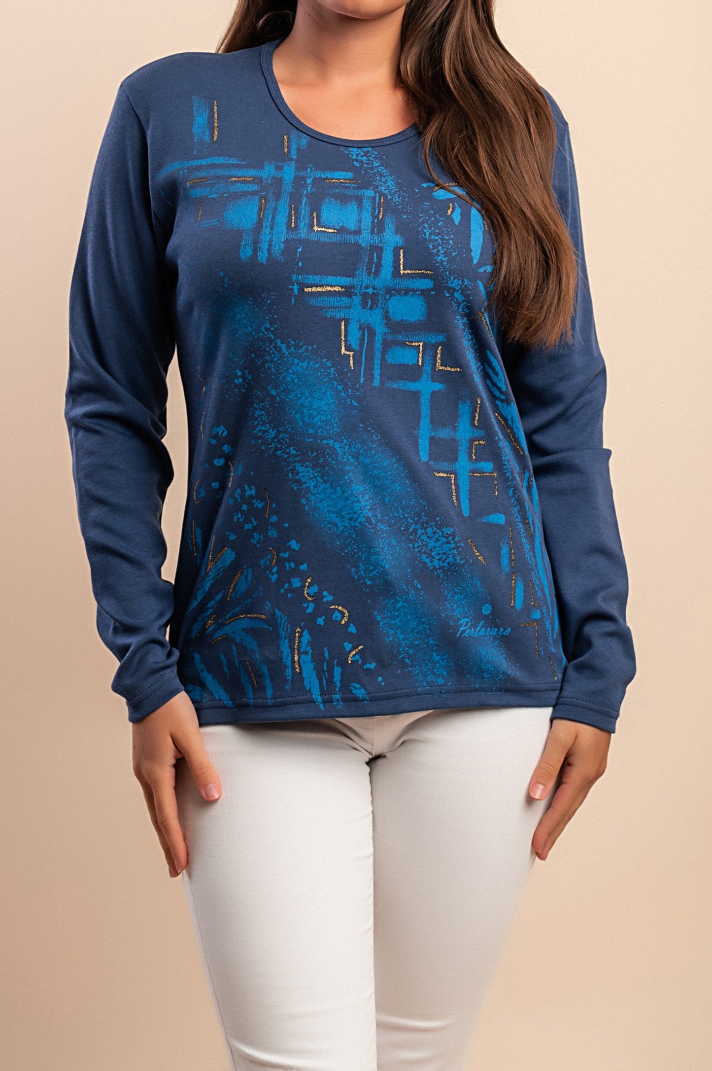 Top in cotone a maniche lunghe, blu scuro