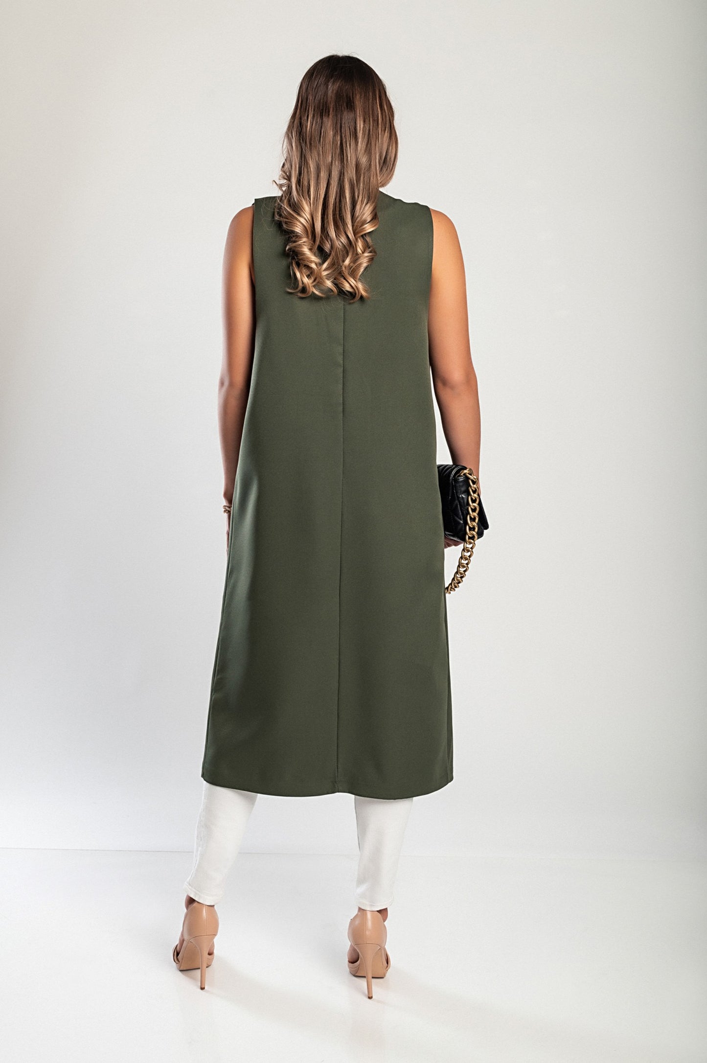 Gilet lungo elegante con bottone, verde oliva