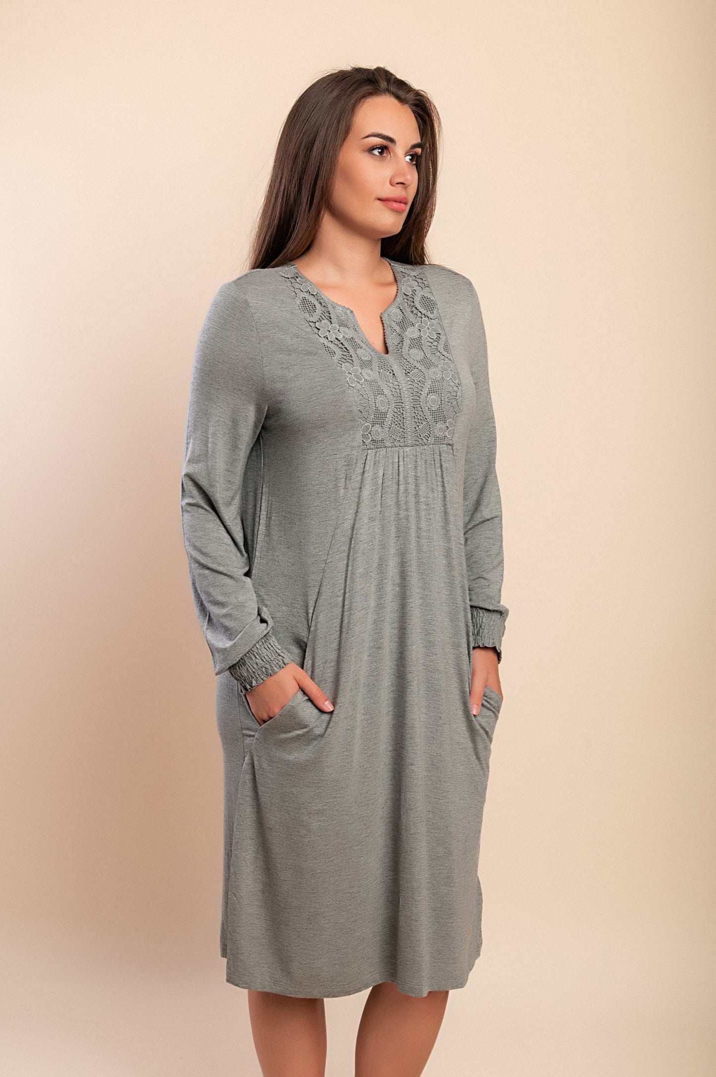Abito midi con pizzo, grigio