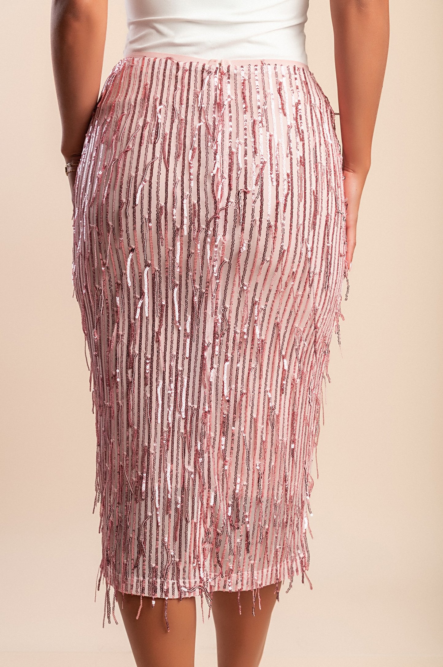 Elegante gonna midi con paillettes, rosa