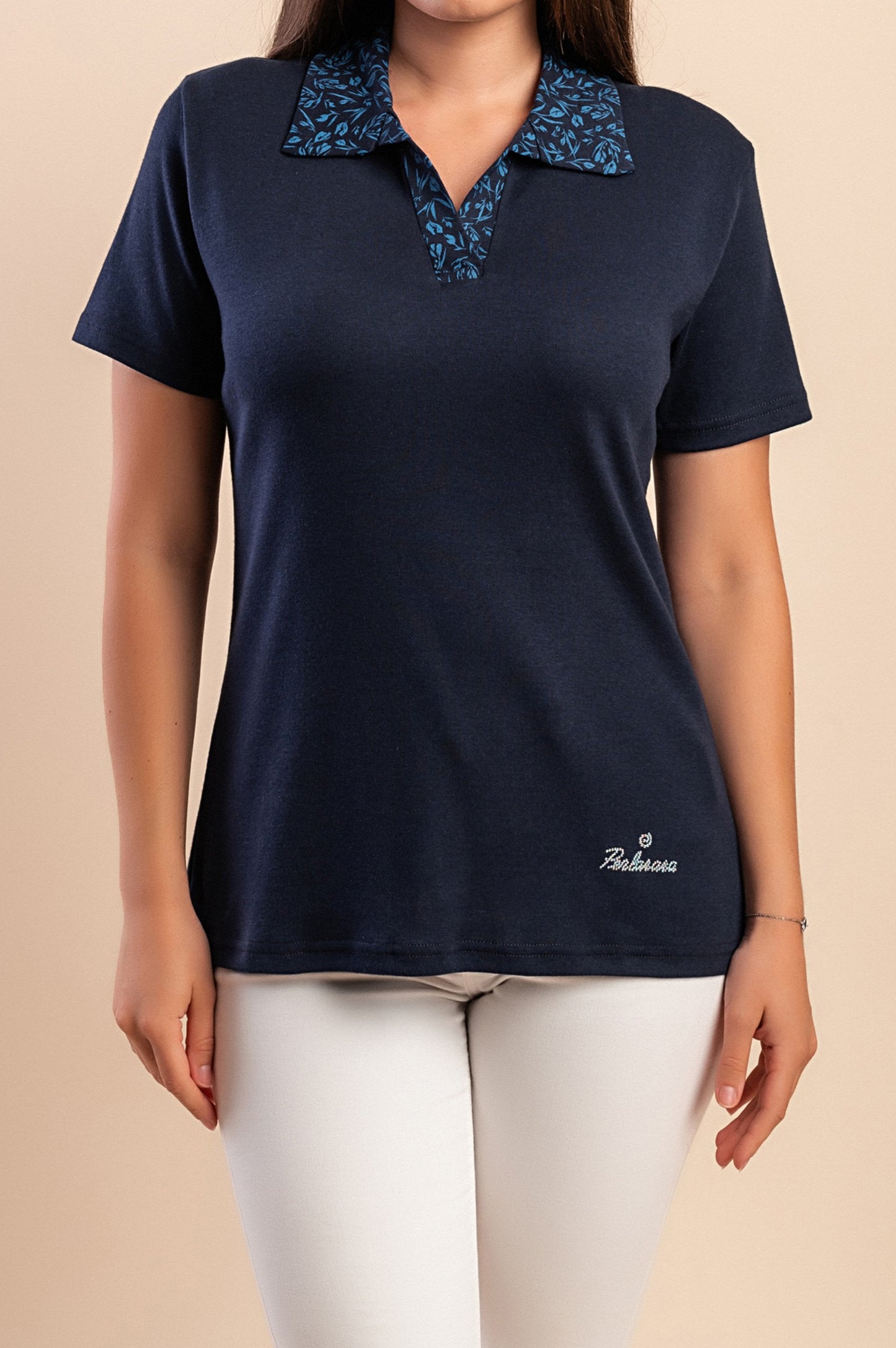 T-shirt in cotone con colletto, blu scuro