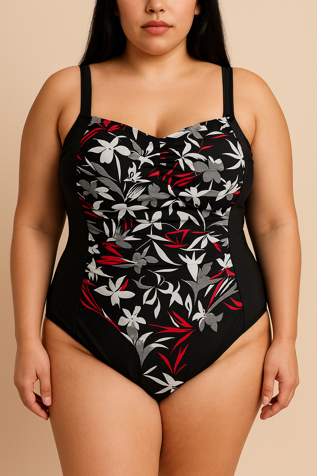 Costume da bagno taglie forti con stampa floreale, nero