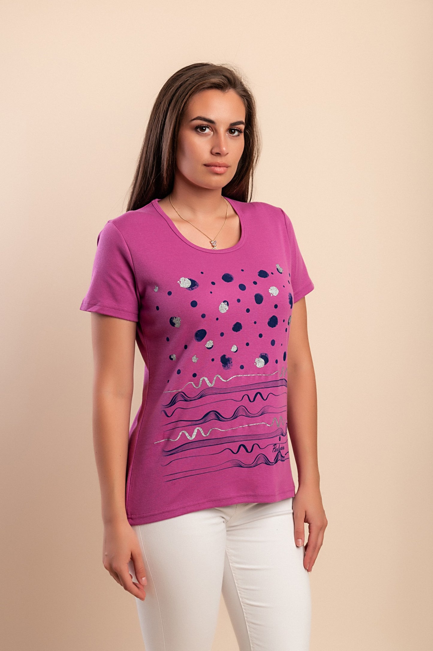 T-shirt in cotone con stampa, fucsia