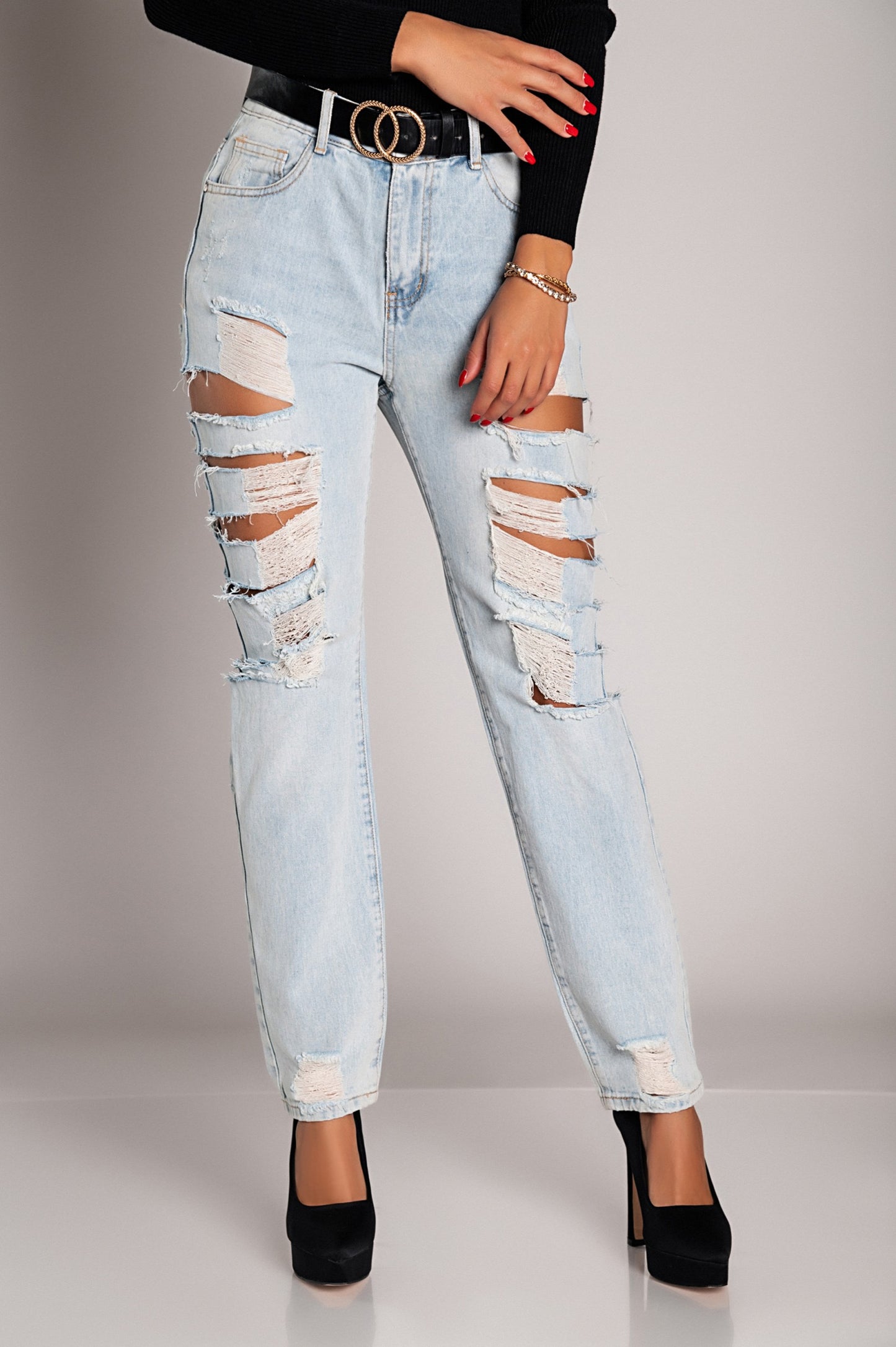 Jeans dritti con grandi strappi Venetina, azzurro