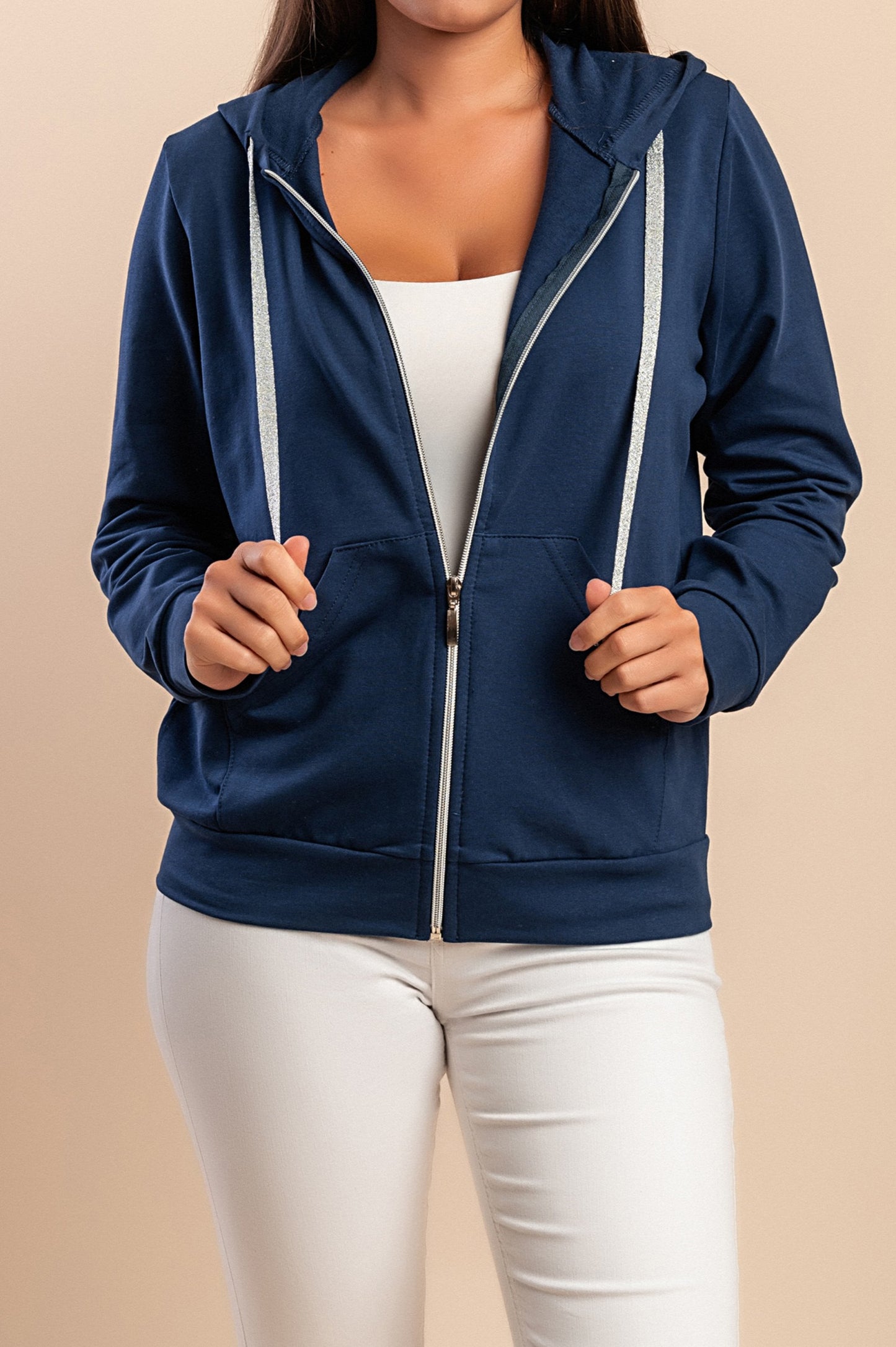 Felpa con zip in cotone, blu scuro