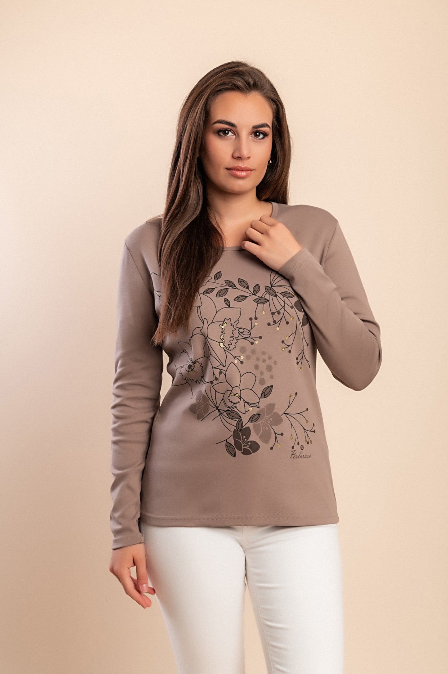 T-shirt a maniche lunghe con stampa, beige