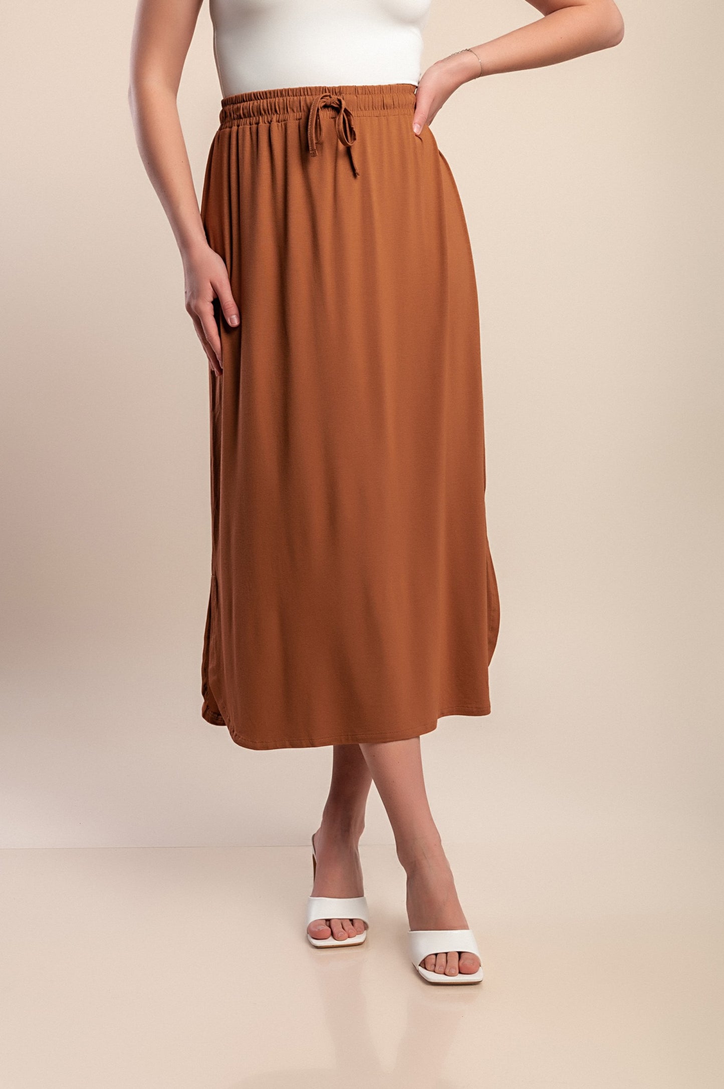 Gonna midi in viscosa taglie forti, marrone