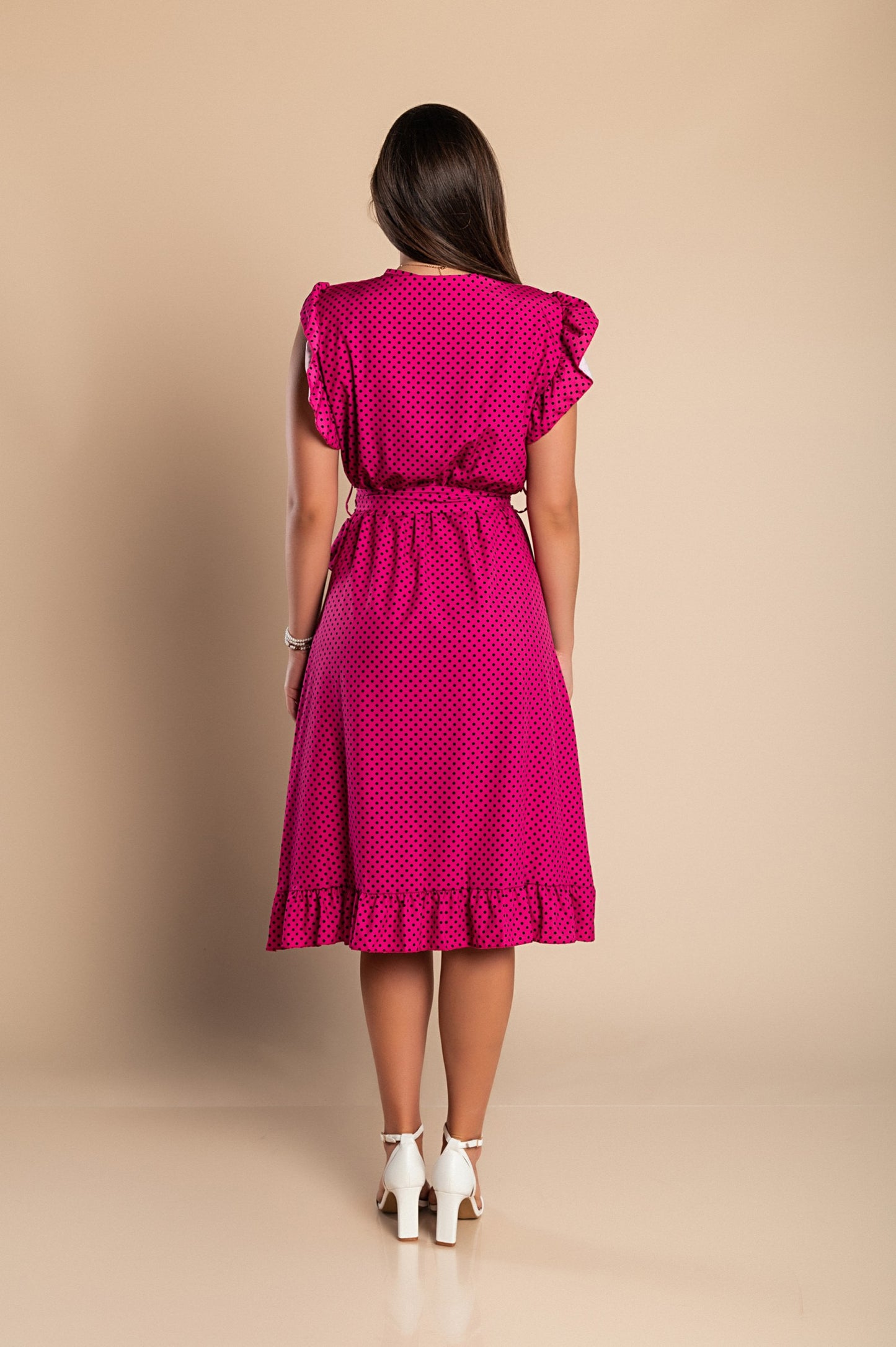 Abito midi con fantasia a pois, rosso