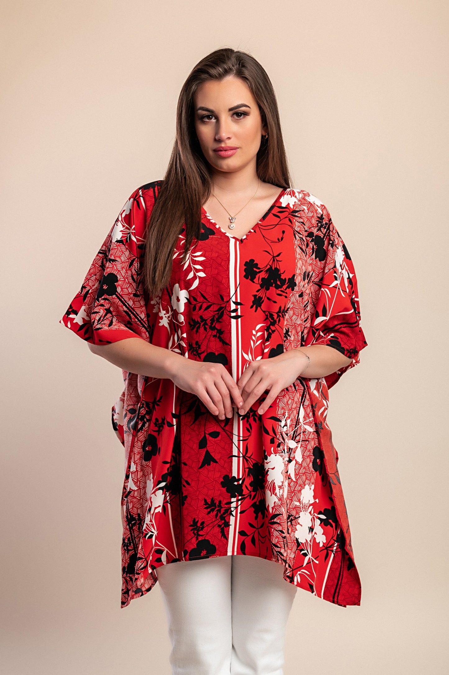 Camicetta taglie forti con stampa floreale, rossa