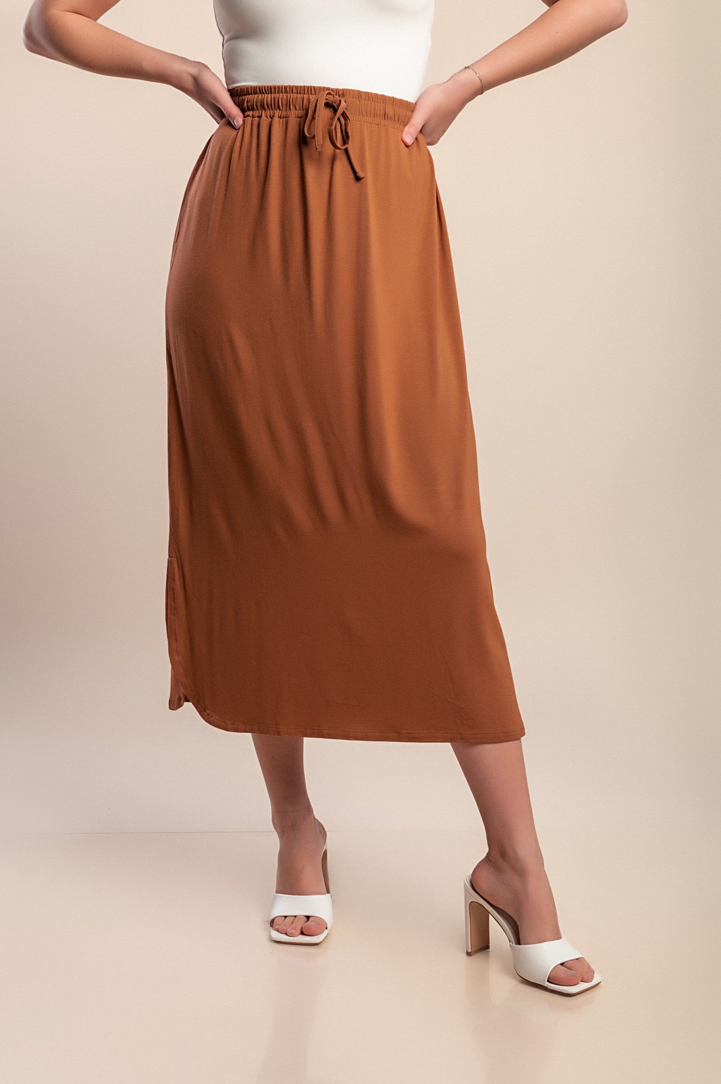 Gonna midi in viscosa taglie forti, marrone