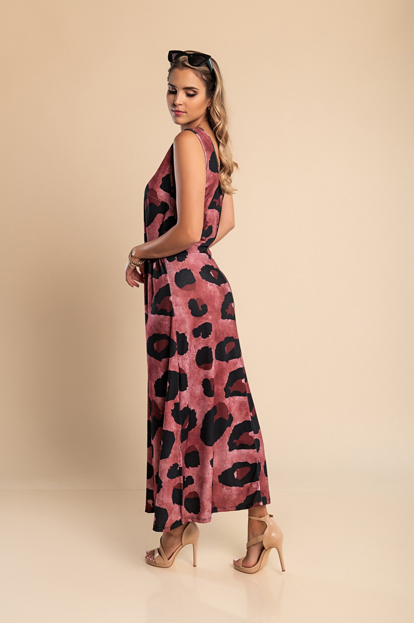 Abito lungo con stampa leopardata, blu