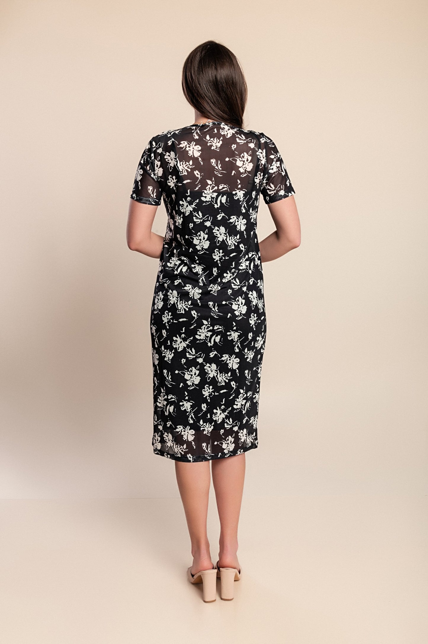 Elegante abito midi con stampa, nero
