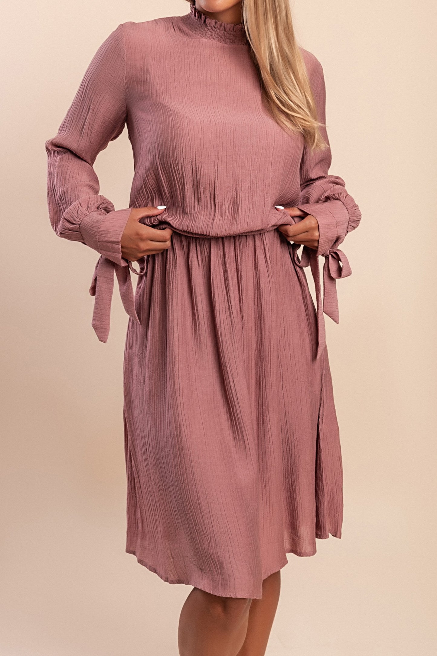 Abito midi con maniche lunghe, rosa antico