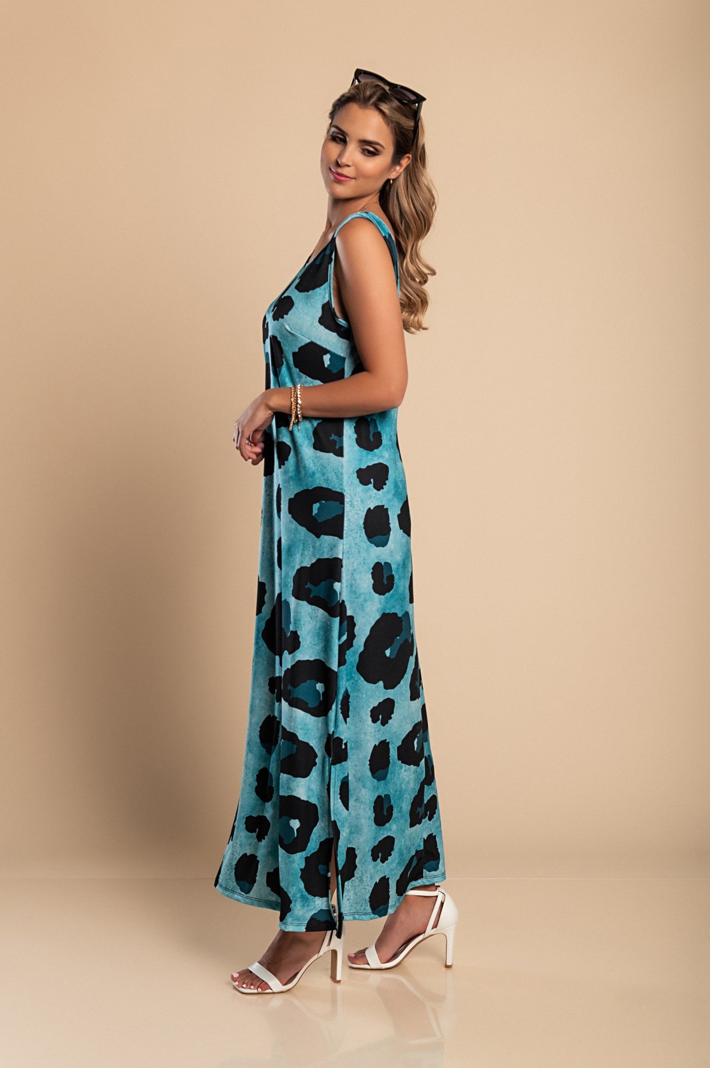 Abito lungo con stampa leopardata, blu