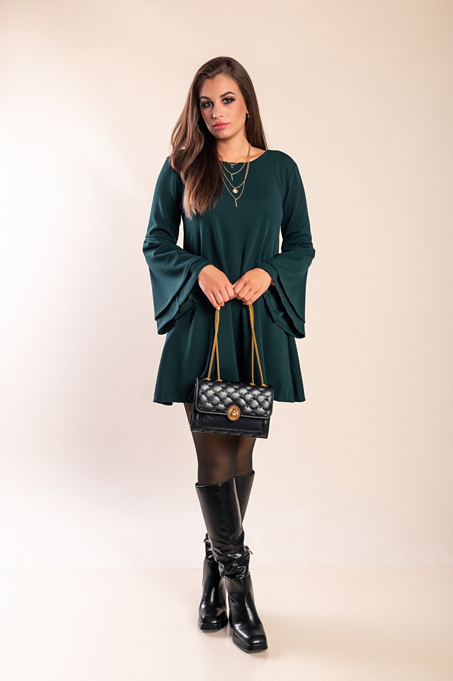 Vestito mini con maniche a campana Rania, senape