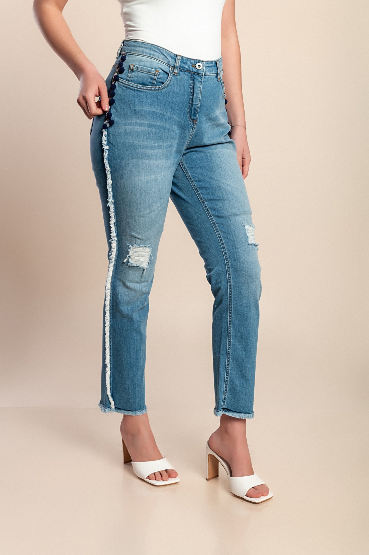 Jeans taglie forti con spacchi, azzurro chiaro