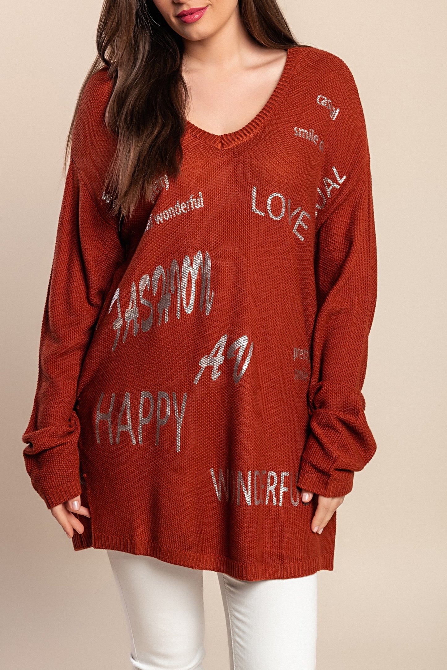Maglione a maniche lunghe taglie forti, marrone