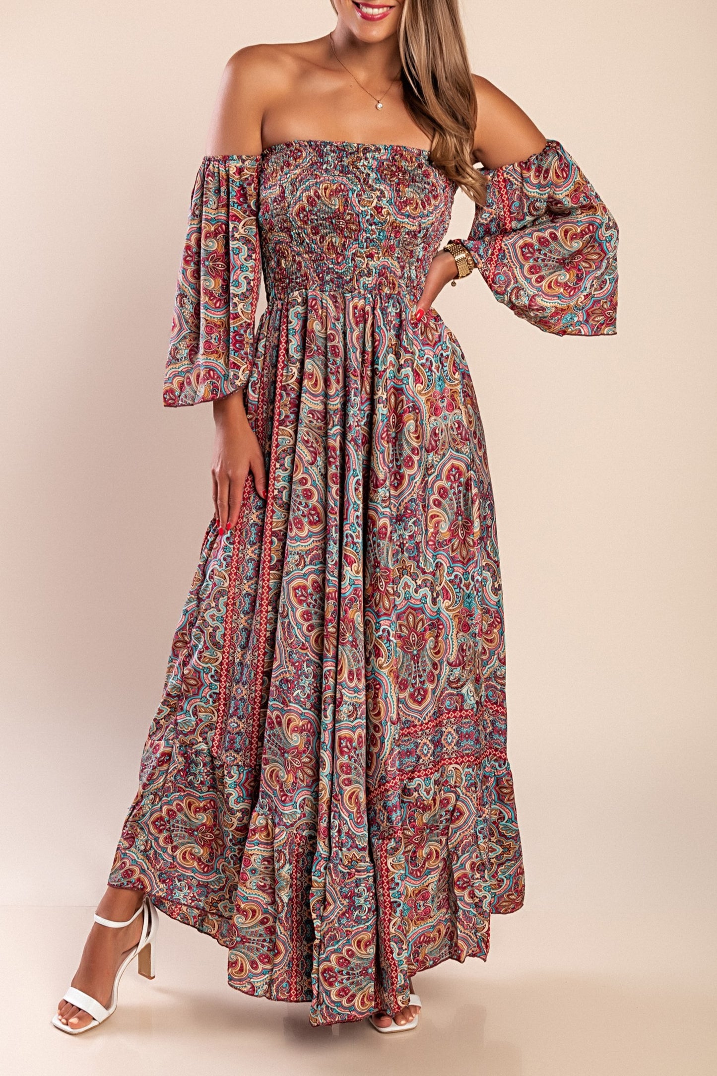 Abito maxi con stampa, multicolore