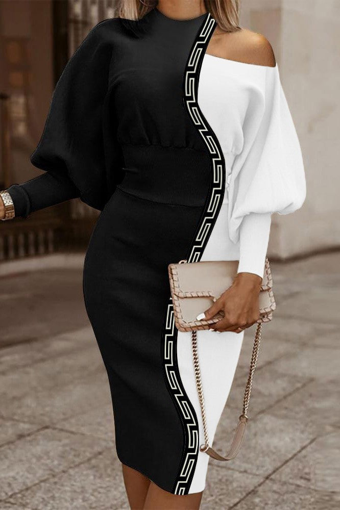 Elegante abito midi con stampa geometrica, nero e beige