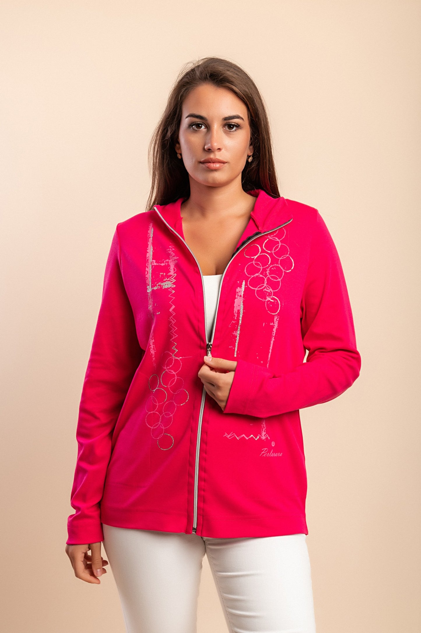 Felpa con zip in cotone, rosa