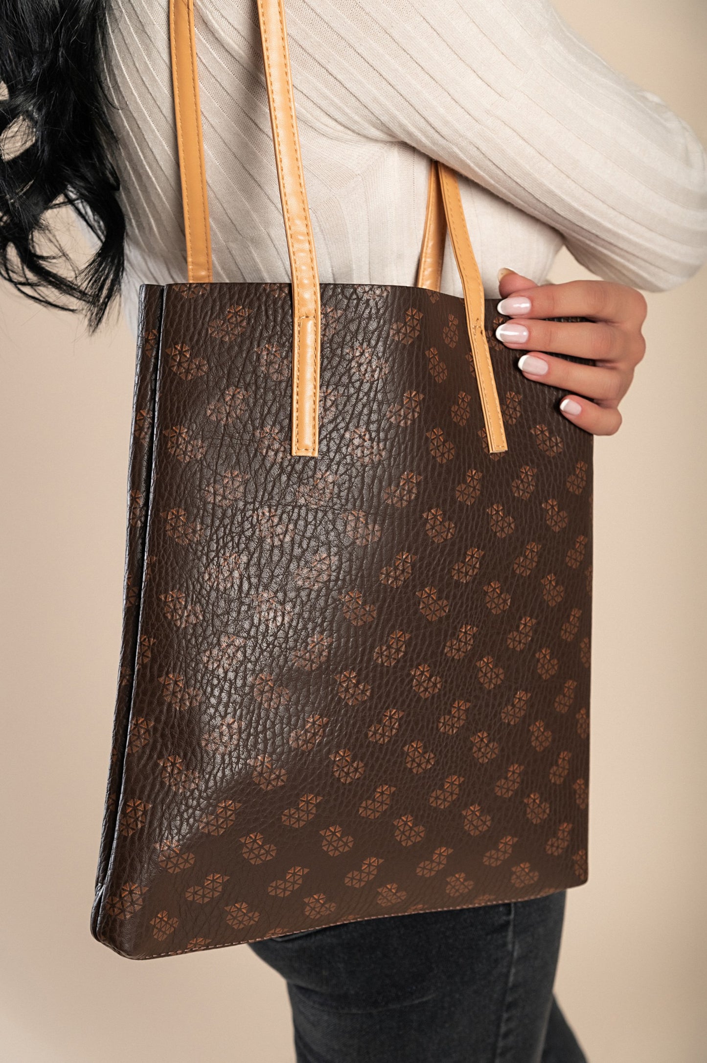 Borsa a mano con stampa, marrone