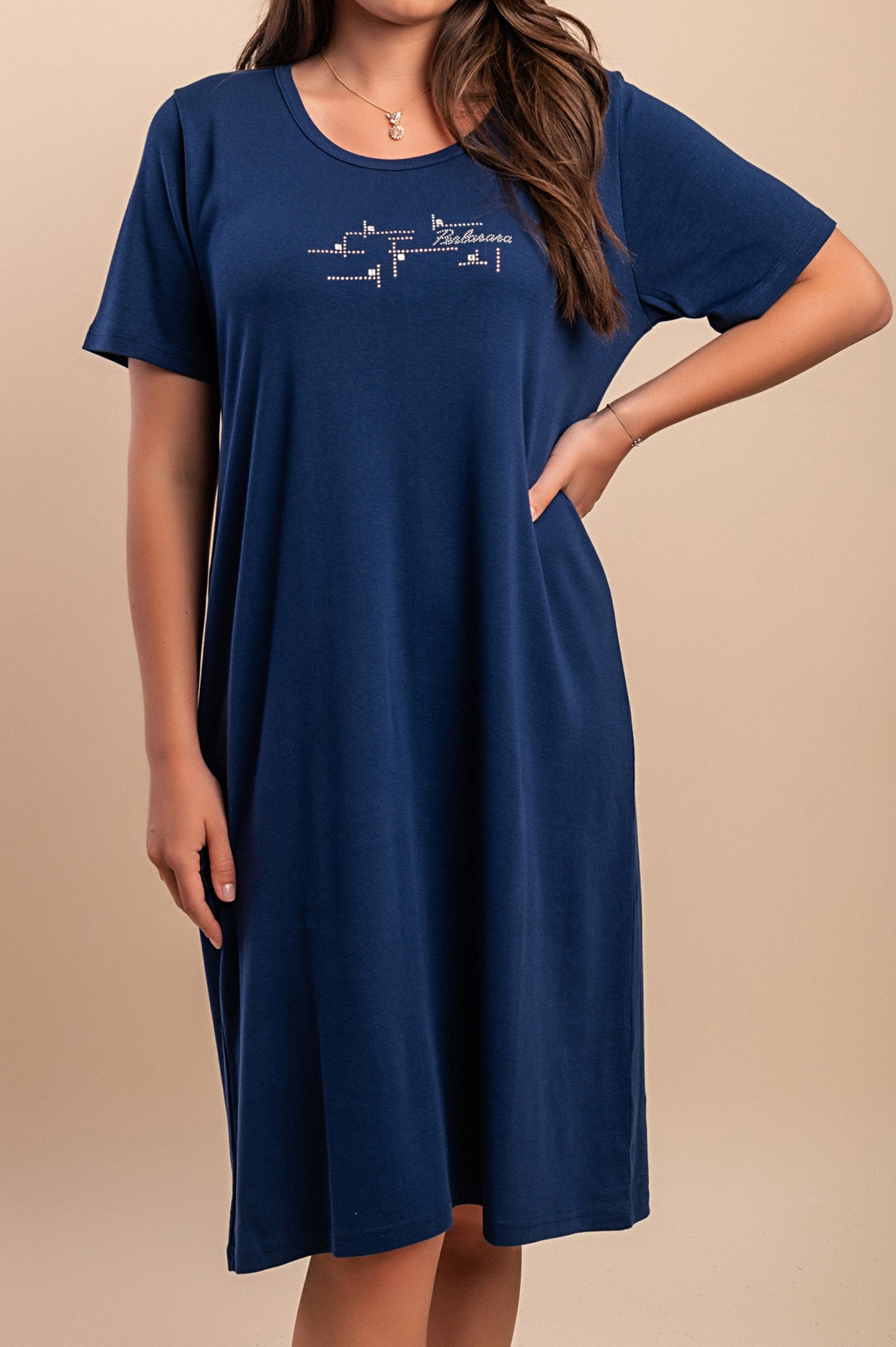 Abito in cotone a maniche corte, blu scuro