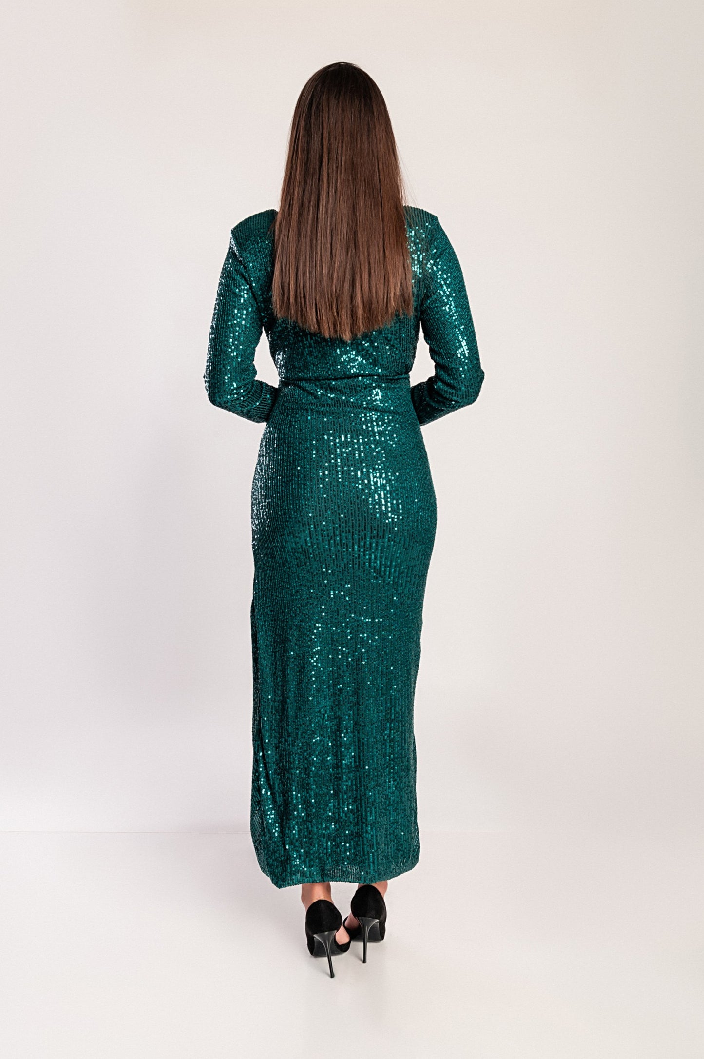 Abito lungo con paillettes, verde scuro